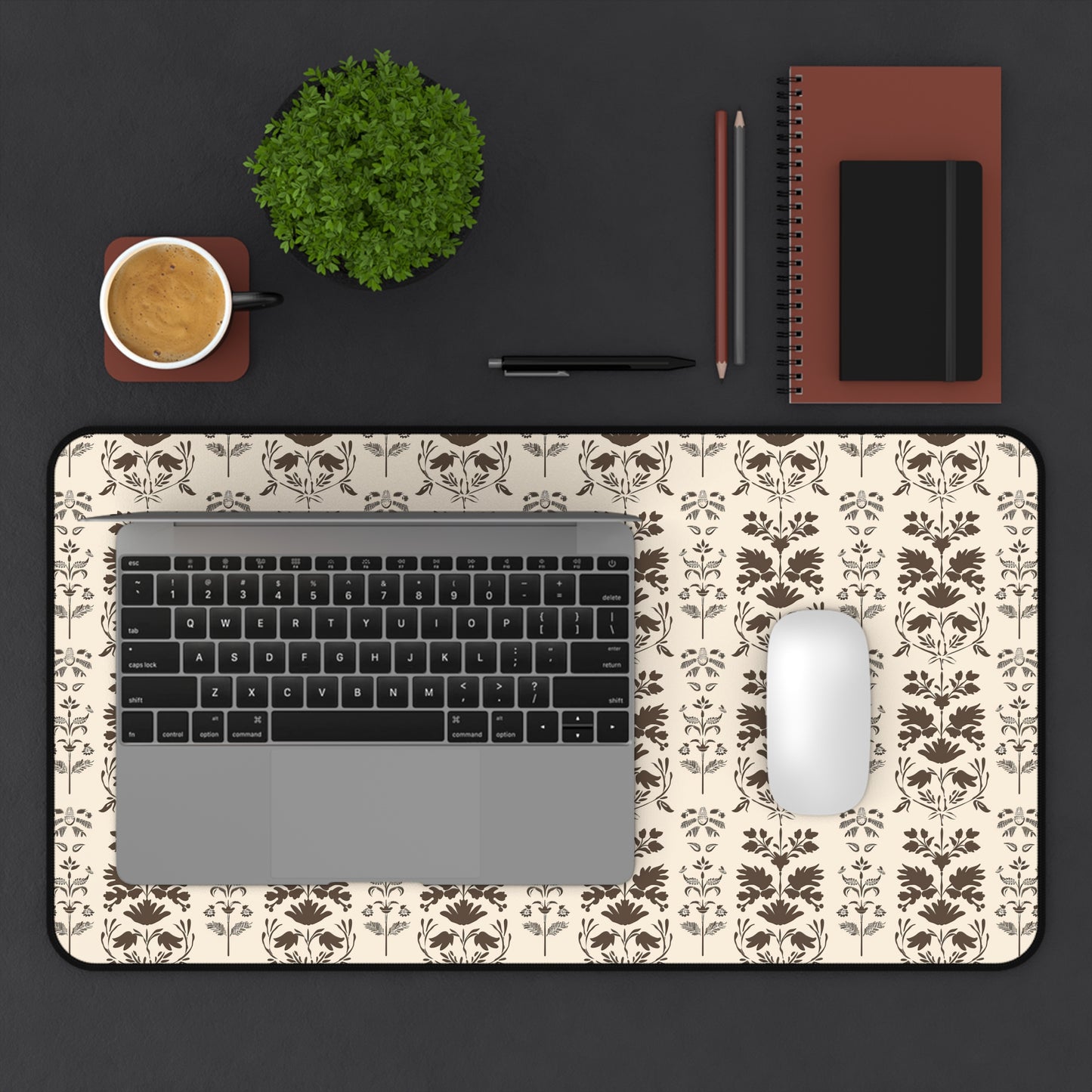 Early American Stencil-Inspired Beige and Brown Floral Pattern Gaming Mouse Pad  Desk Mat  - 3 Sizes