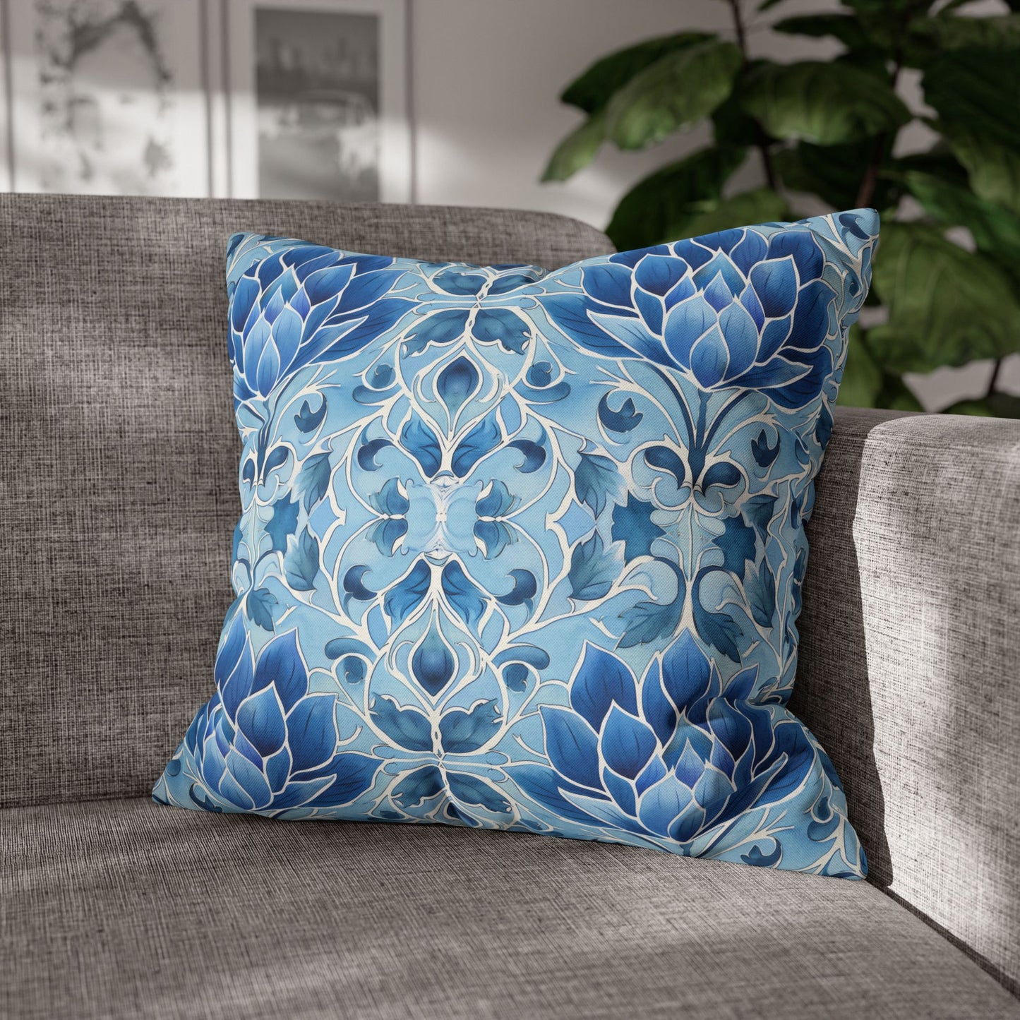 Exquisite Blue Lotus Elegance Floral Mosaic Design Spun Polyester Square Pillowcase 4 Sizes