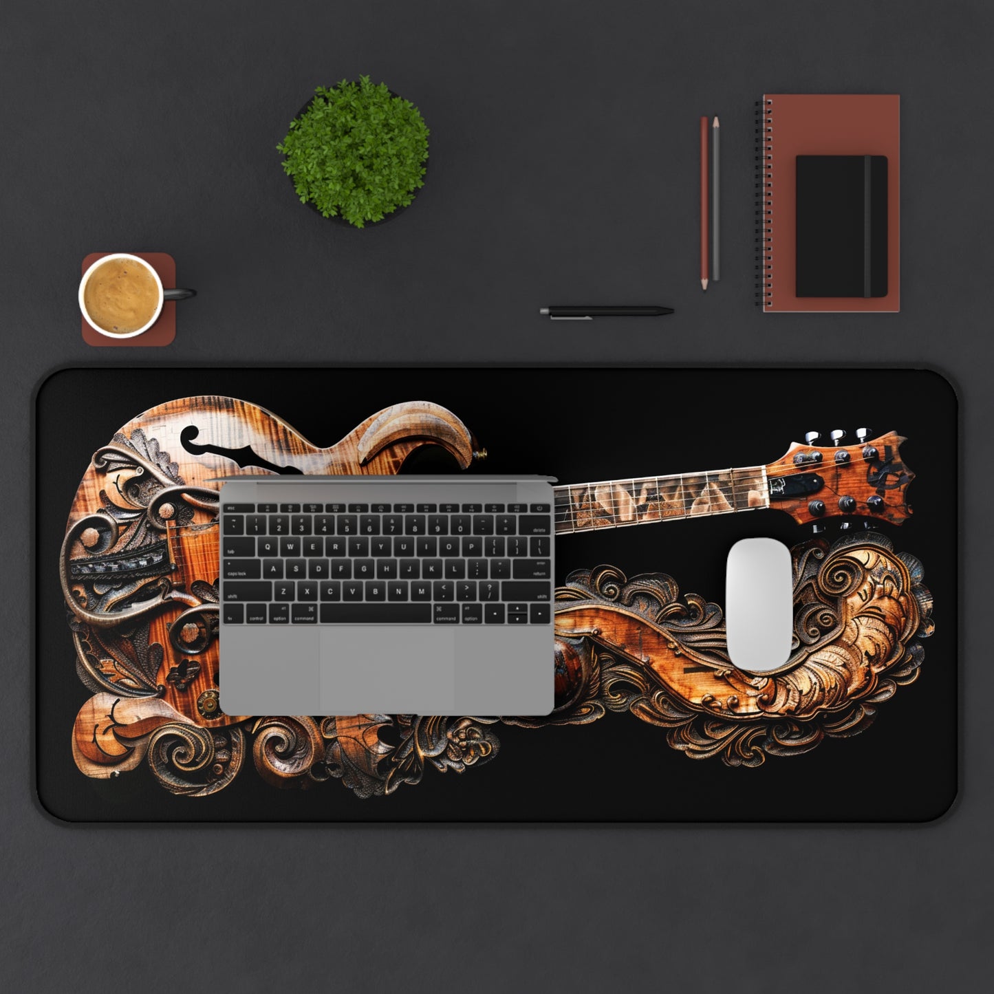 Intricate Carved Wood Electric Guitar Resting on Stone and Wood Carved Stand Desk Mat Extended Gaming Mouse Pad - 3 Sizes