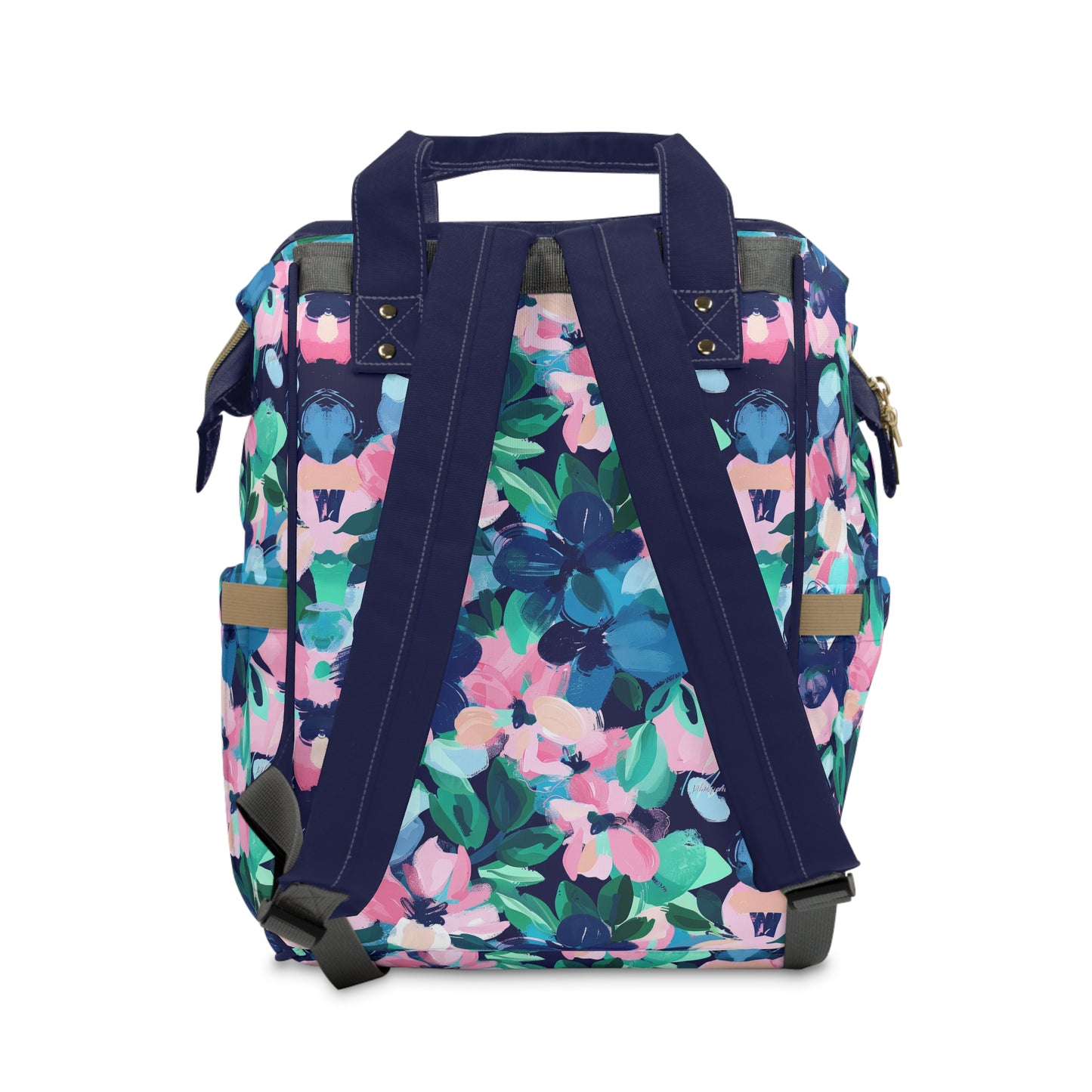 Tranquil Blooms: Muted Blue, Pink, and Green Watercolor Flowers Multifunctional Diaper Backpack