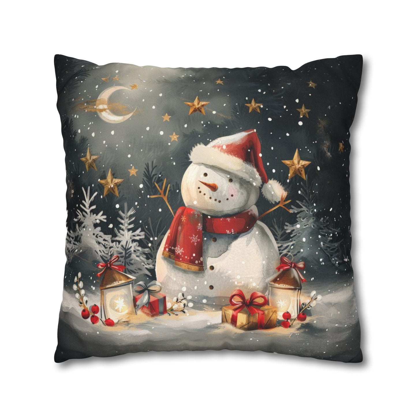 Snowman Beneath a Canopy of Stars, Surrounded by Presents Spun Polyester Square Pillowcase 4 Sizes