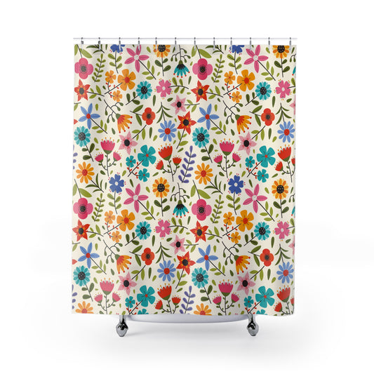 Bright Colored Springtime Flowers Bathroom Shower Curtain   71" × 74"