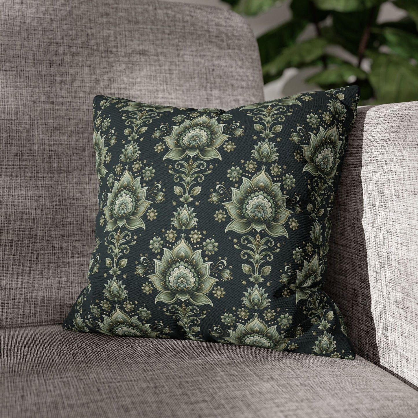 Ornate Green Mandala with Golden Accents on Dark Background Polyester Square Pillowcase 4 Sizes