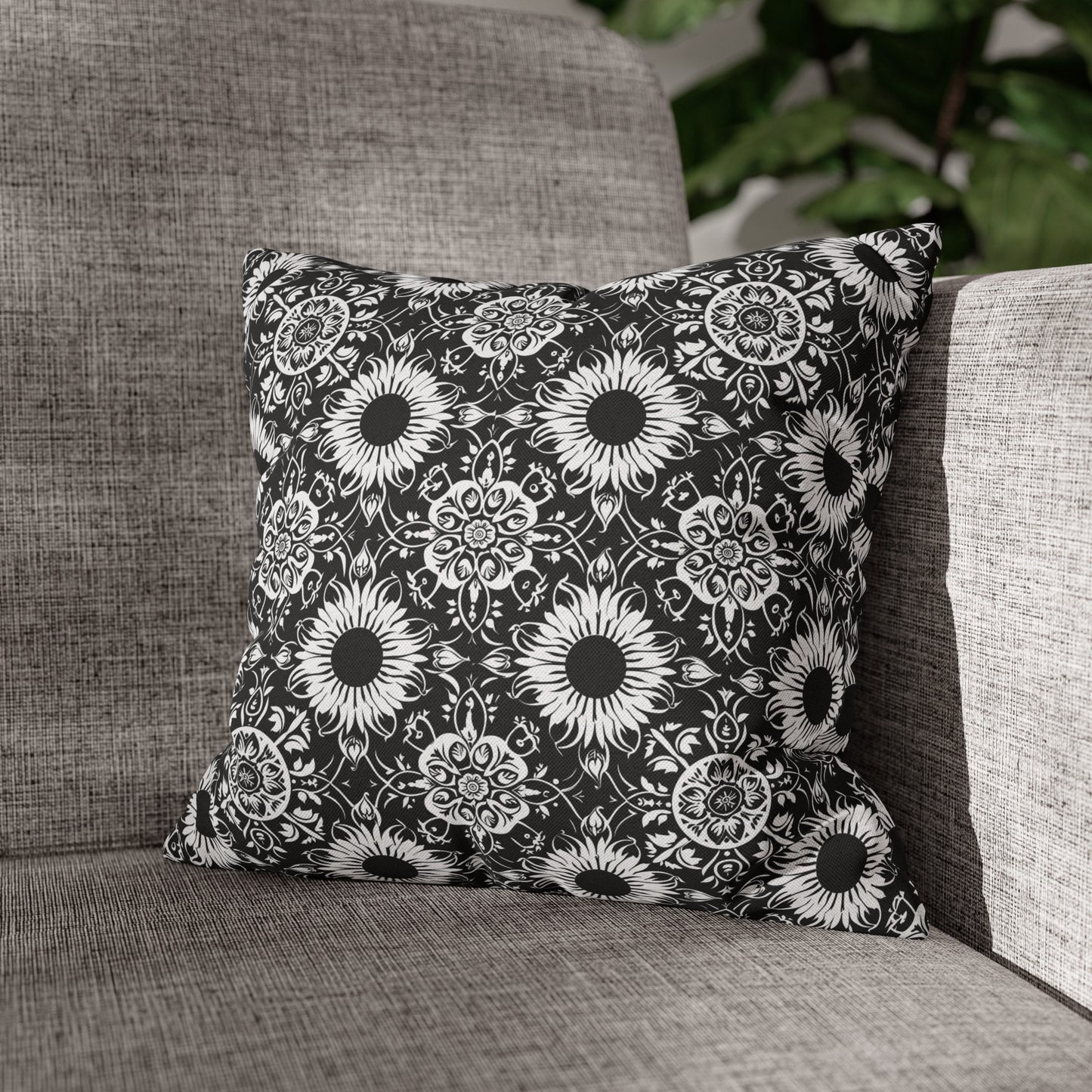 Elegant Mandala Design with Black and White Sunflowers Spun Polyester Square Pillowcase 4 Sizes