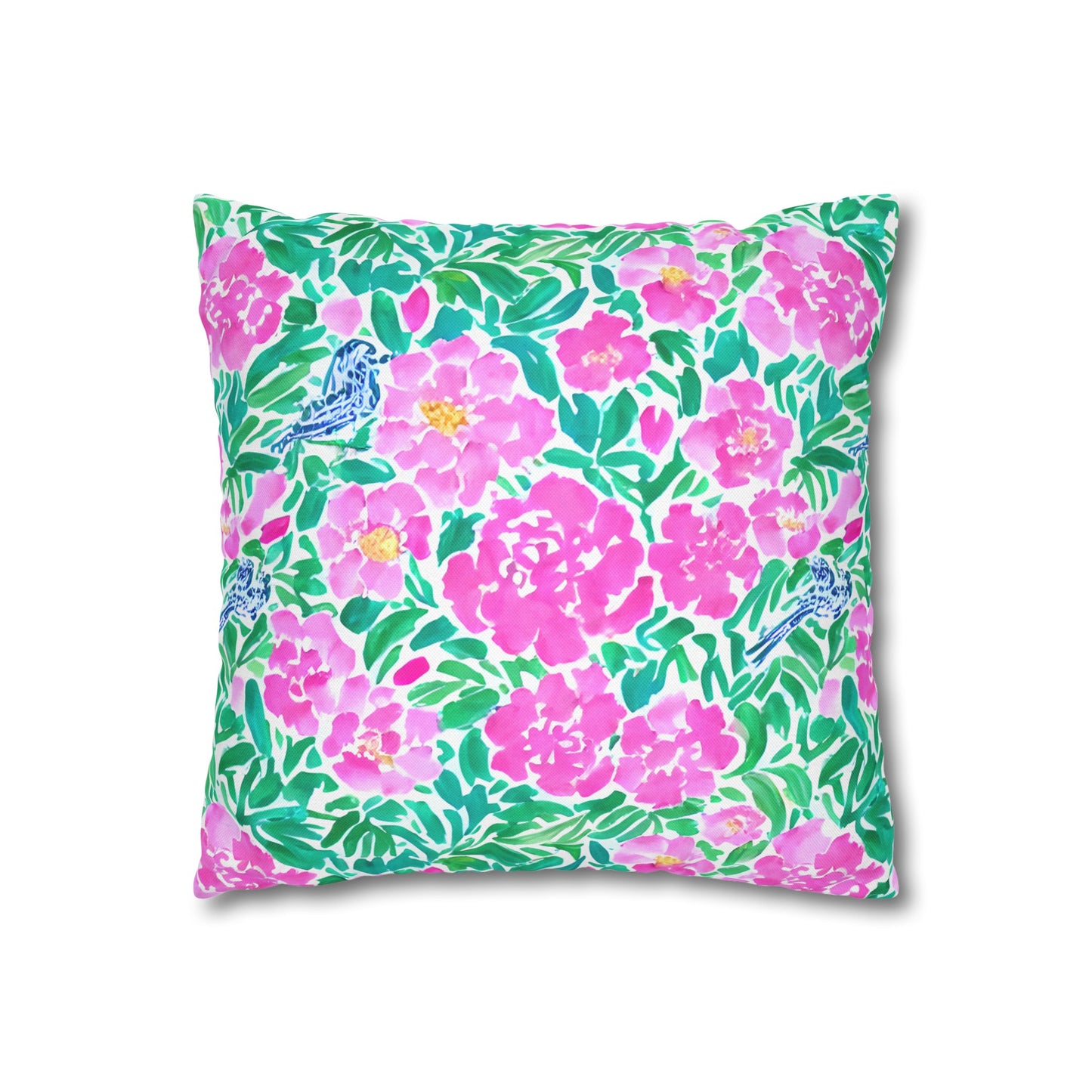 Springtime Whispers: Tiny Birds and Pink Blooms, Subtle Blue Accents, and Lush Green Leaves Spun Polyester Square Pillowcase 4 Sizes