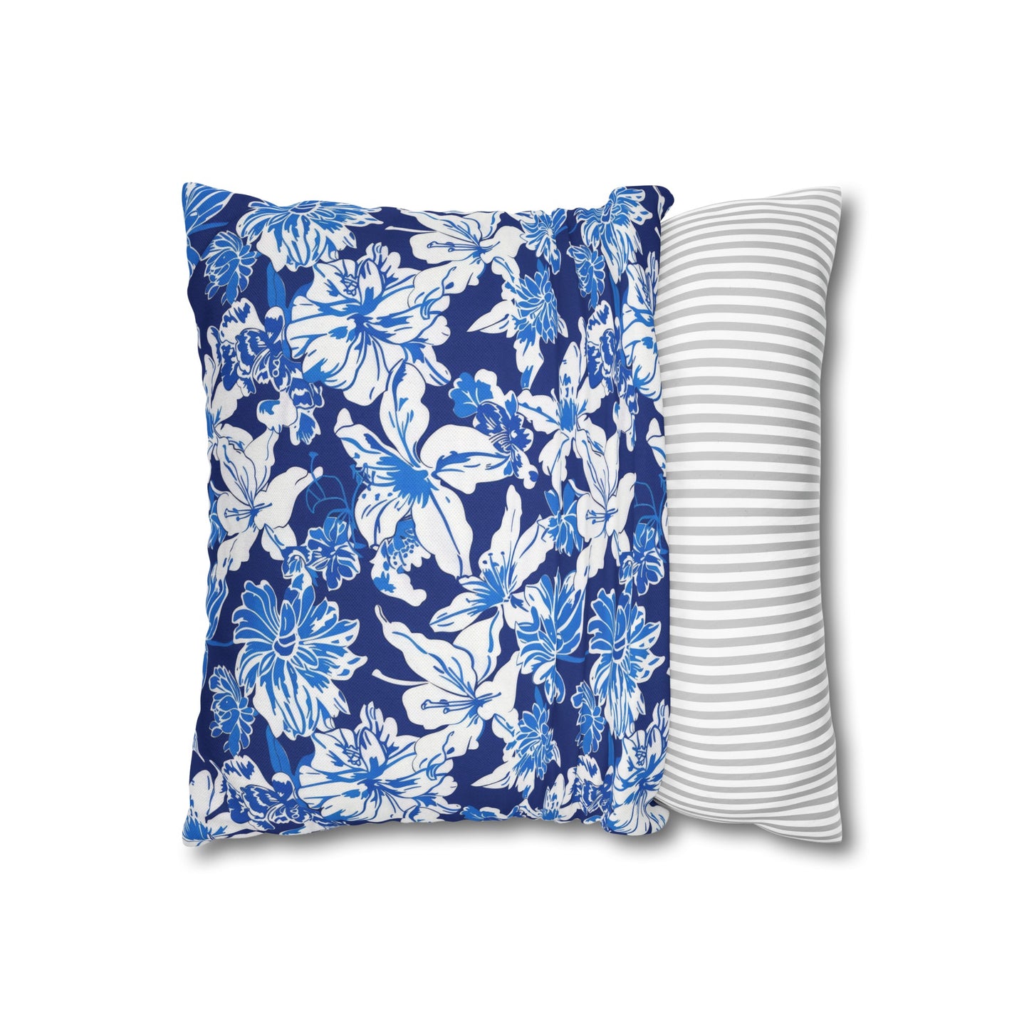 Oceanic Bloom: Watercolor Tropical Flowers in White and Blue against a Deep Blue Background Spun Polyester Square Pillowcase 4 Sizes