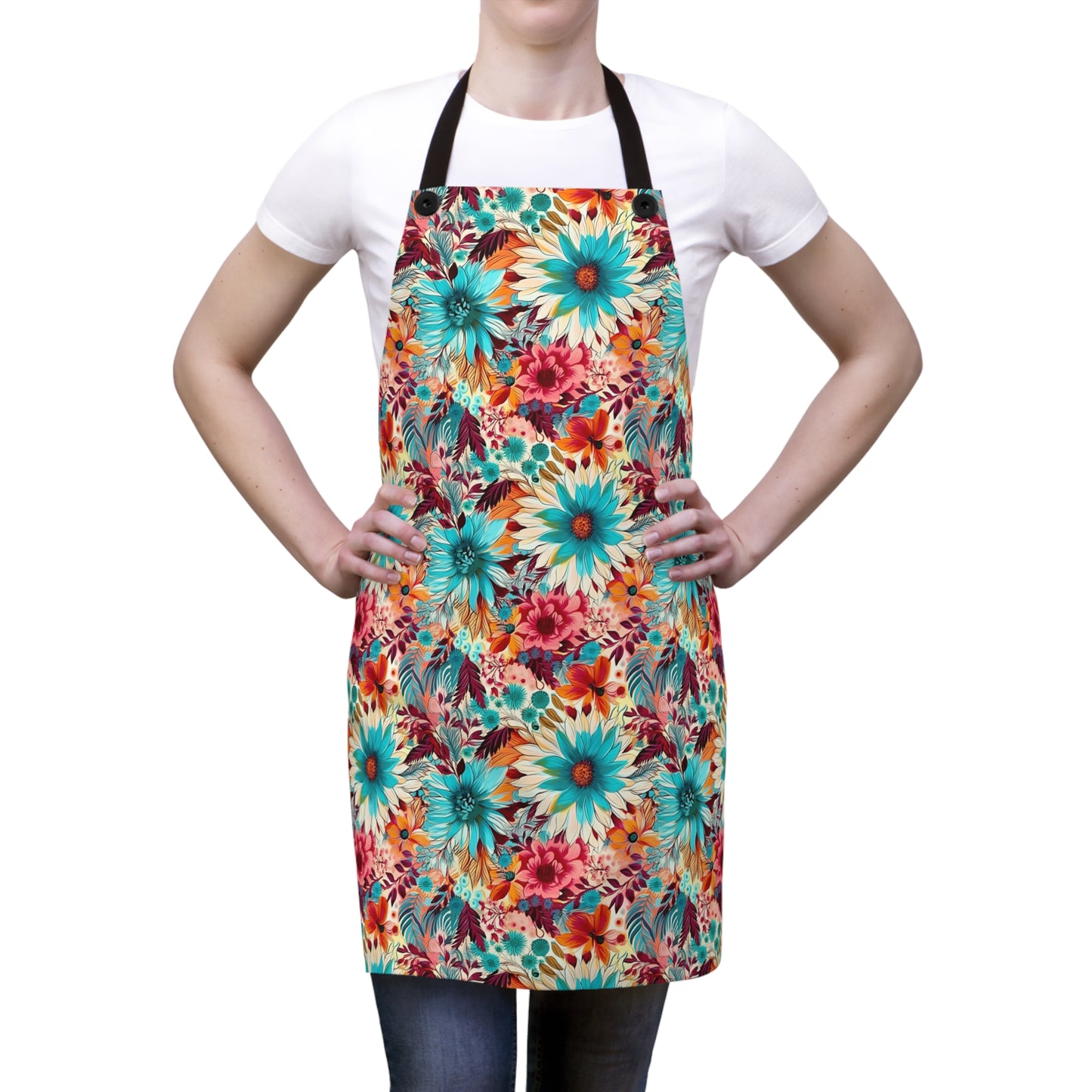 Floral Explosion of Pinks, Teals and Oranges on a Soft Cream Canvas Kitchen Chef Apron