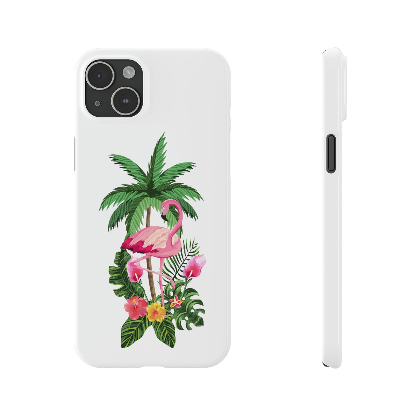 Tropical Pink Flamingo and Flowers White Background Iphone 15-12 Slim Phone Case