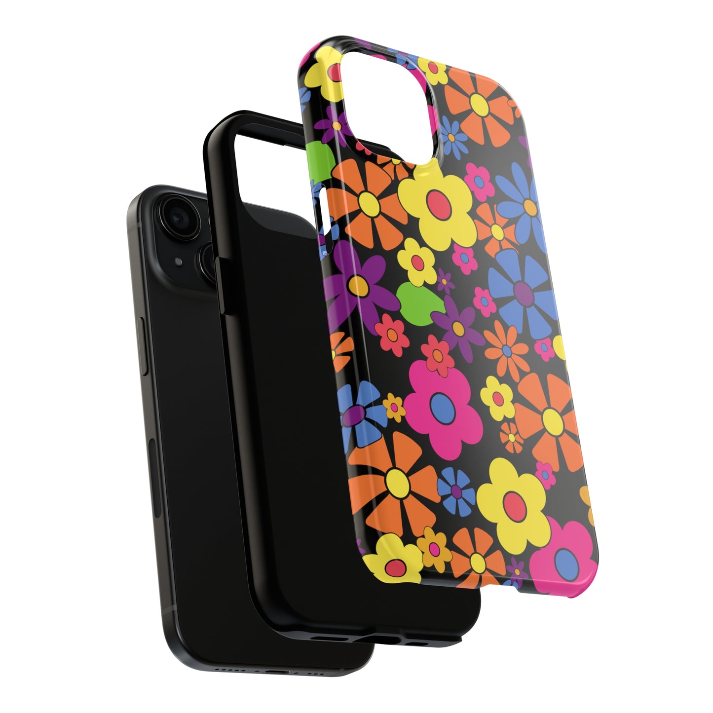 Flower Power Design on Black Background Iphone Tough Phone Case