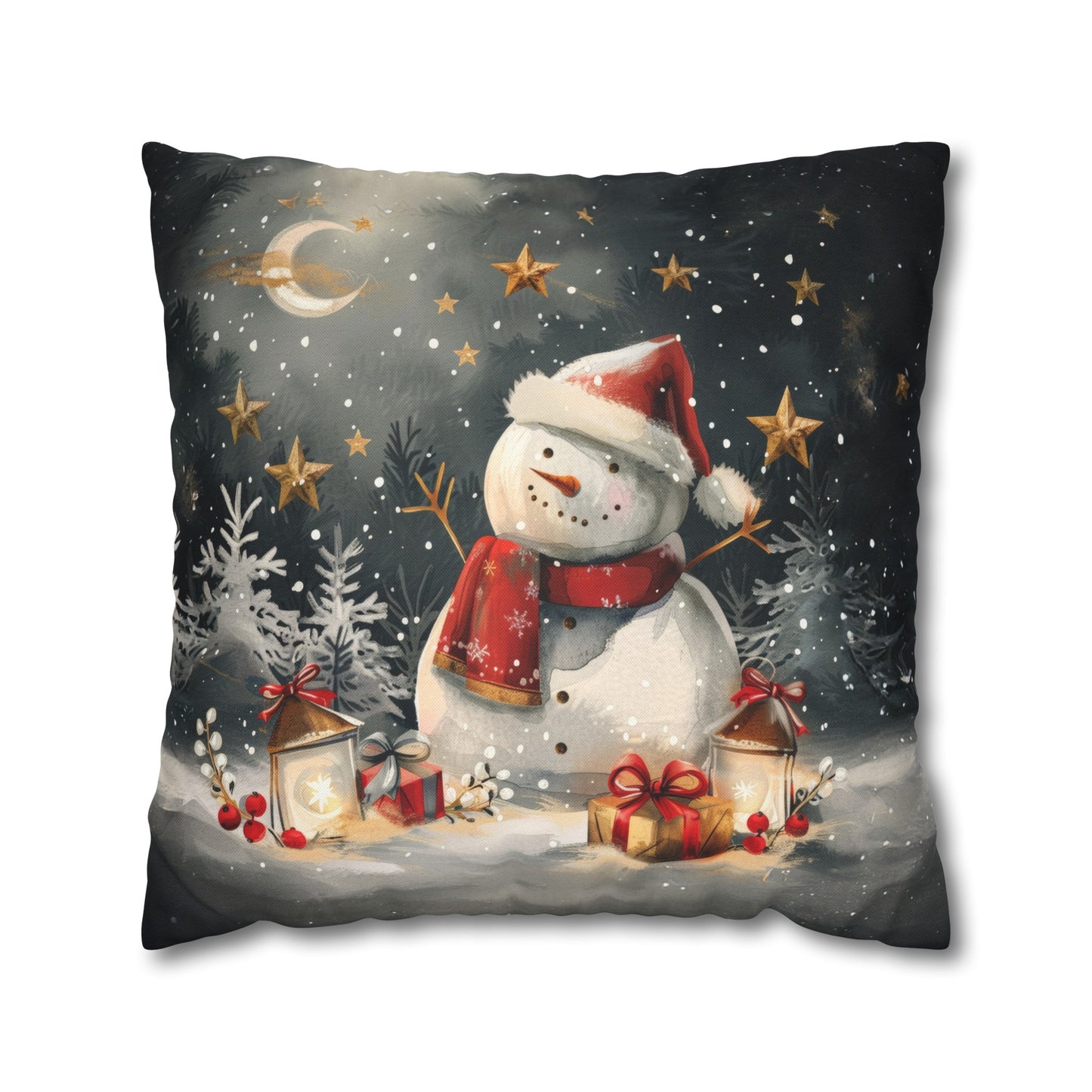 Snowman Beneath a Canopy of Stars, Surrounded by Presents Spun Polyester Square Pillowcase 4 Sizes