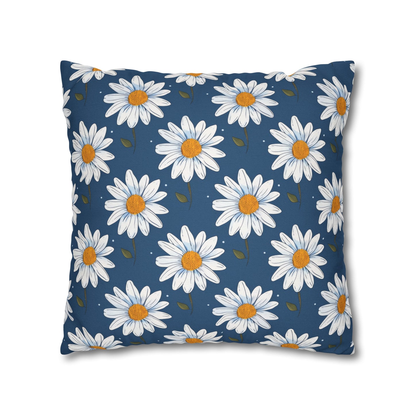 Elegant White Daisies on Navy Blue Background Spun Polyester Square Pillowcase 4 Sizes