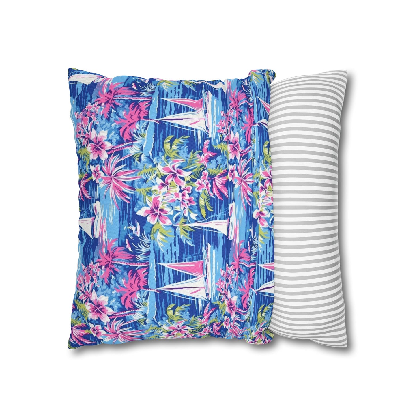 Sailing Tropics: Watercolor Sailboats Amidst Ocean Waves, Tropical Flowers, and Palm Trees Spun Polyester Square Pillowcase 4 Sizes