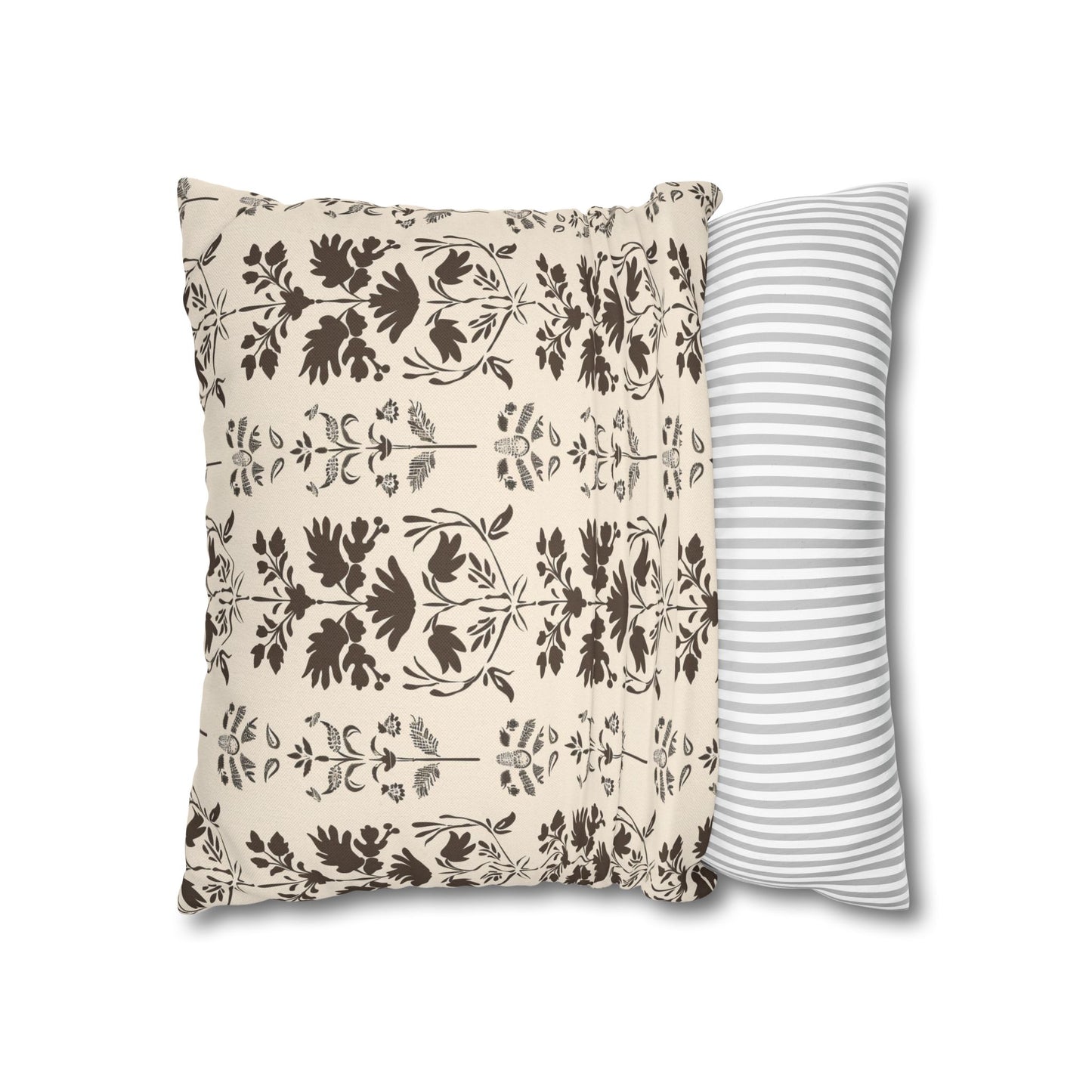 Early American Stencil-Inspired Beige and Brown Floral Pattern Spun Polyester Square Pillowcase 4 Sizes