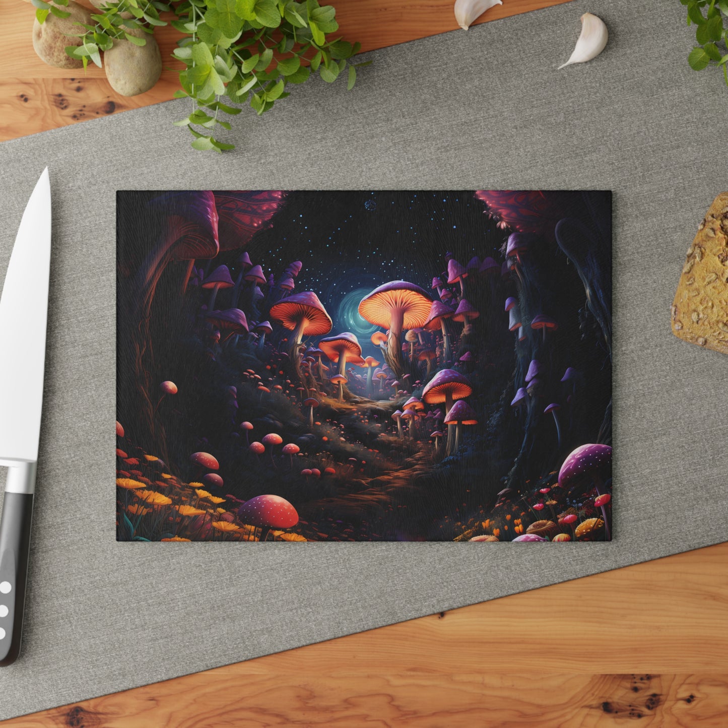 Psychedelic Black Light Glowing Mushroom Nighttime Scene - Glass Cutting Board  8" x 11" and 11" x 15"