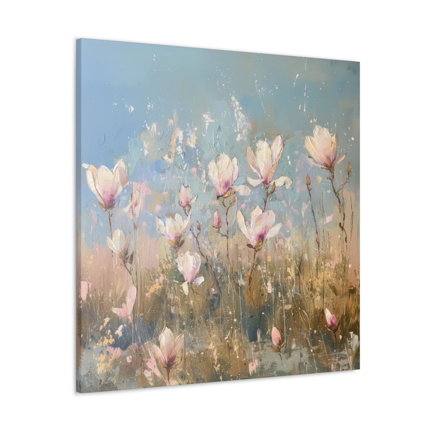 Gentle Spring Serenity: Soft White and Pink Wildflowers Blooming in a Sunlit Field Print on Canvas Gallery Wraps  - 5 Sizes