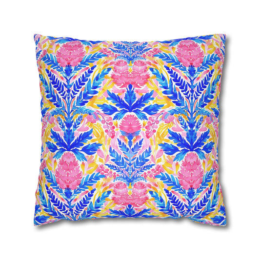 Tropical Watercolor Blooms in Vibrant Pinks and Blues Spun Polyester Square Pillowcase 4 Sizes