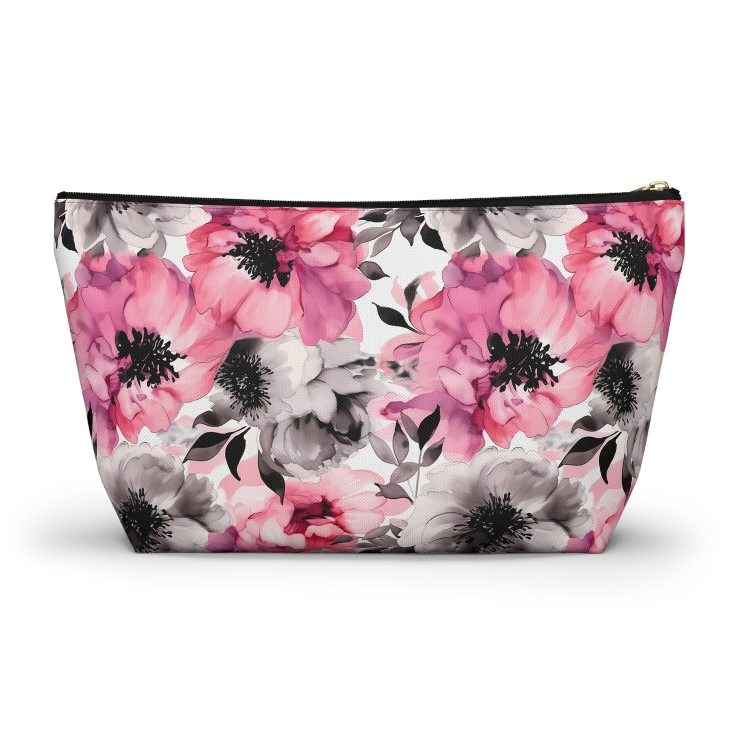 Graceful Elegance: Large Pink and Grey Watercolor Flower Design - Makeup & Accessory Bag 2 Sizes