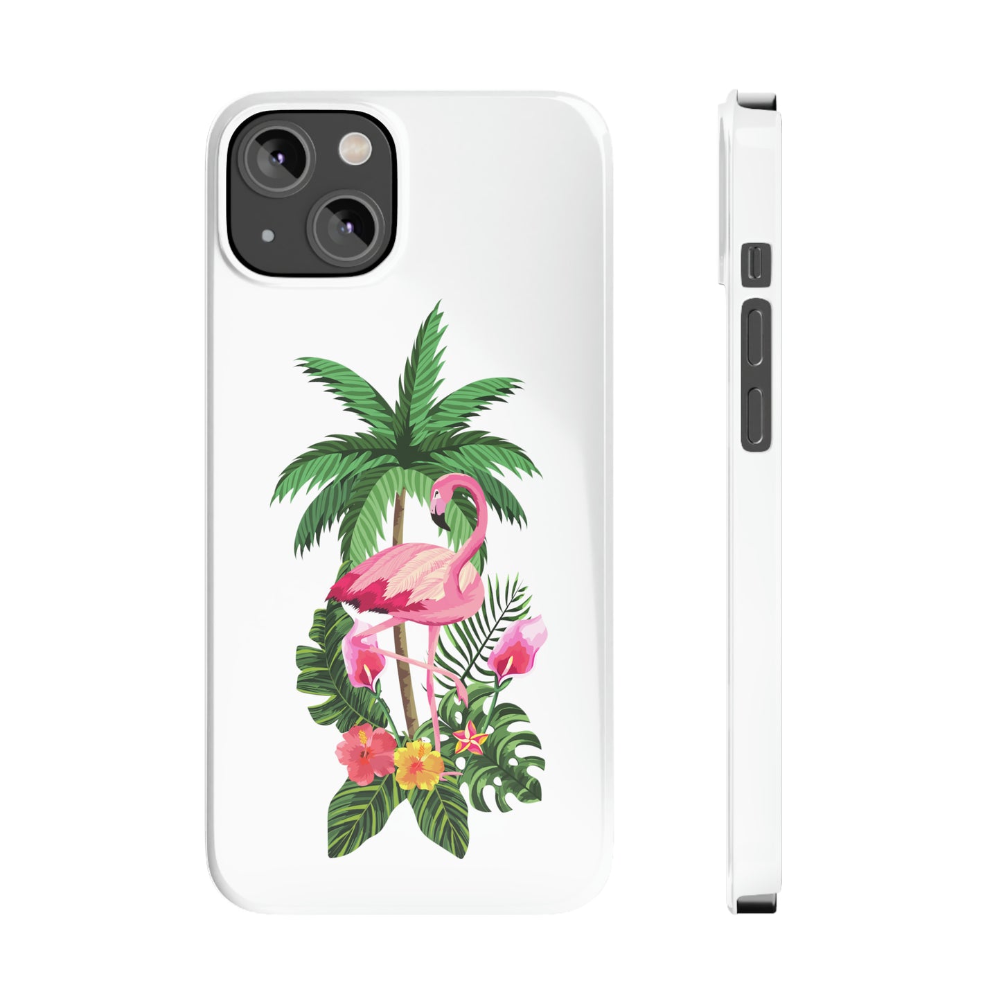 Tropical Pink Flamingo and Flowers White Background Iphone 15-12 Slim Phone Case