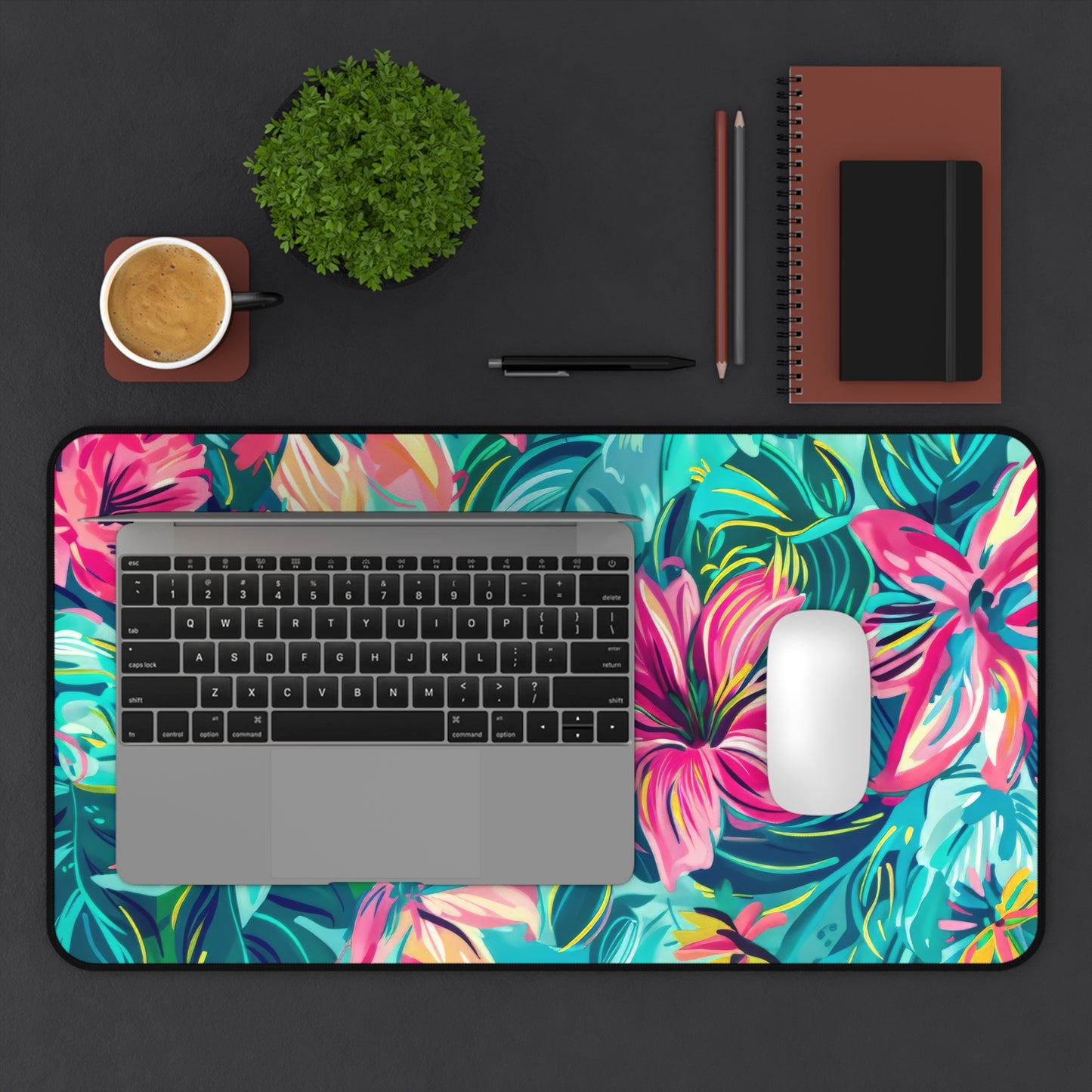 Tropical Garden Lush, Overlapping Flowers in a Dance of Vivid Pinks, Blues, and Yellows Extended Gaming Mouse Pad  Desk Mat  - 3 Sizes