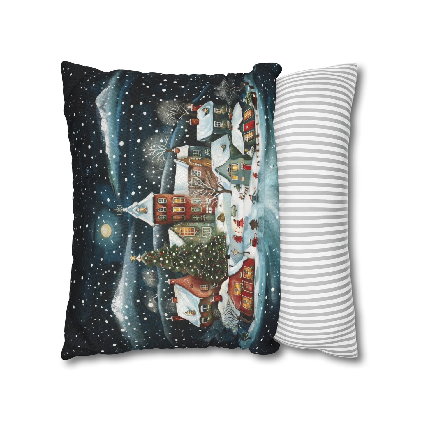 Midnight Magic: Winter Town Aglow with Christmas Decorations and Tree Spun Polyester Square Pillowcase 4 Sizes