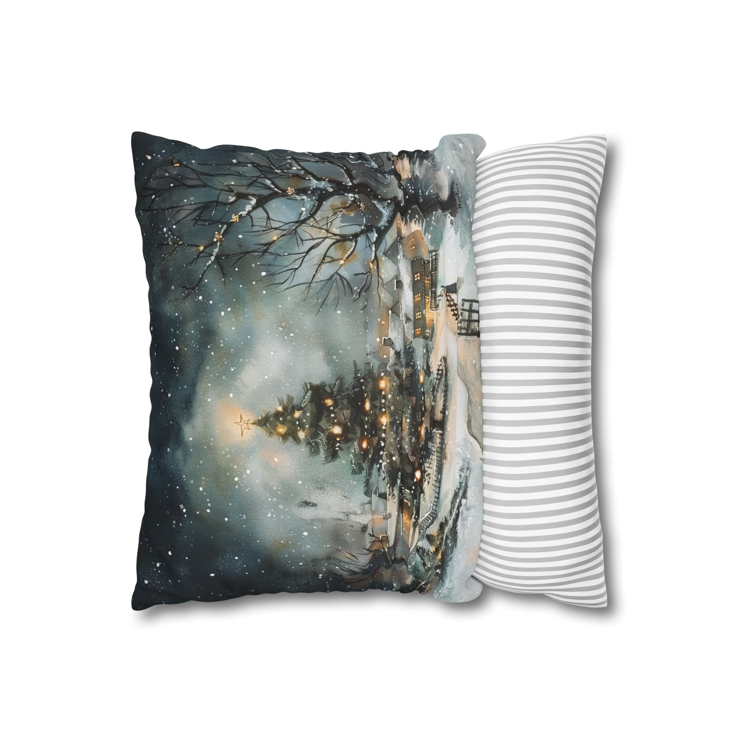 Winter Wonderland Glow: Christmas Tree Illuminating a Snowy Village Spun Polyester Square Pillowcase 4 Sizes