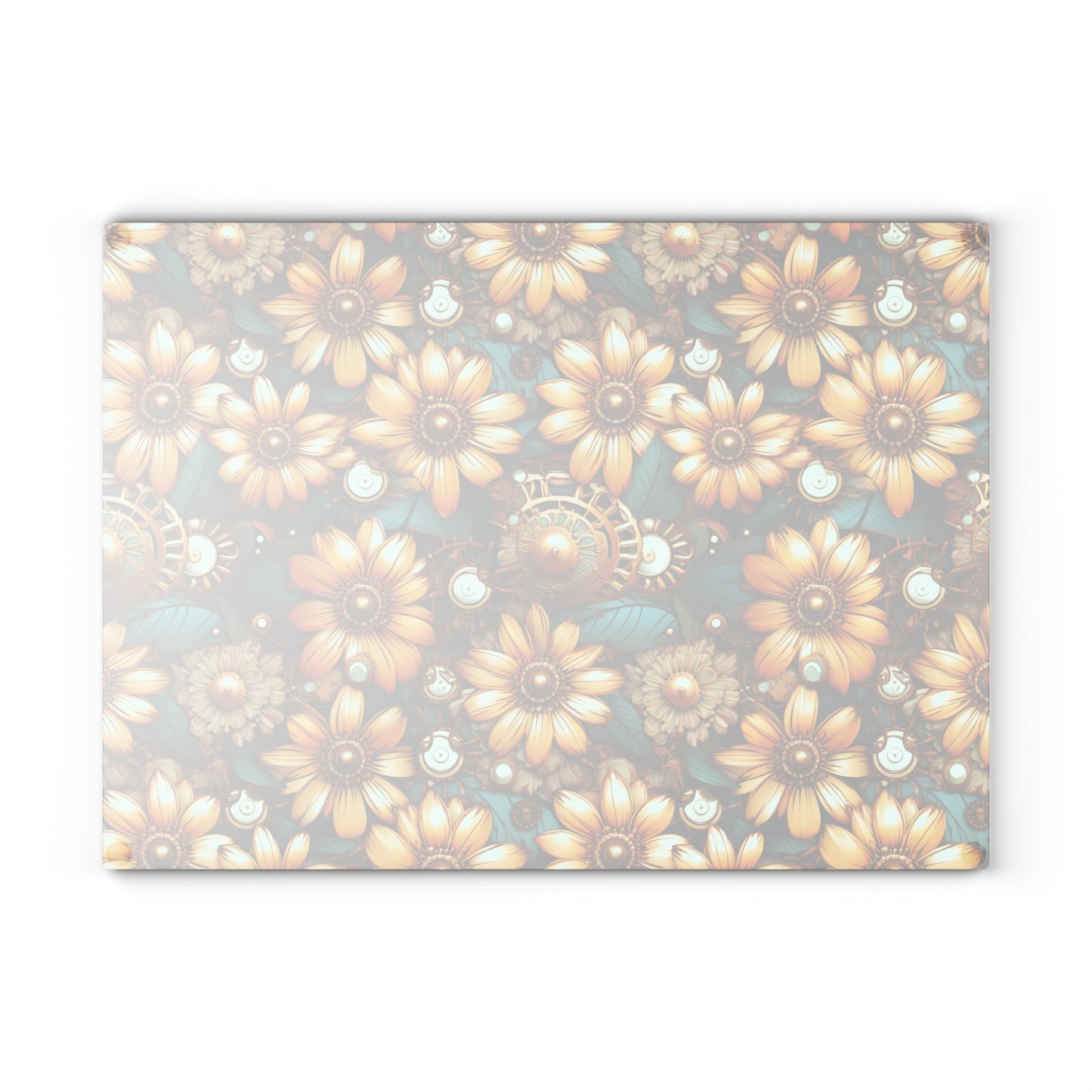 Victorian Steampunk Gold Flowers Teal Background with Gears and Mechanical Elements - Glass Cutting Board  8" x 11" and 11" x 15"