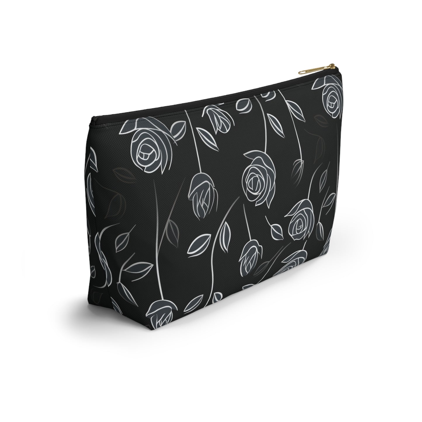 Contrasting Elegance: White Outlined Roses on a Black Background  - Makeup & Accessory Bag 2 Sizes