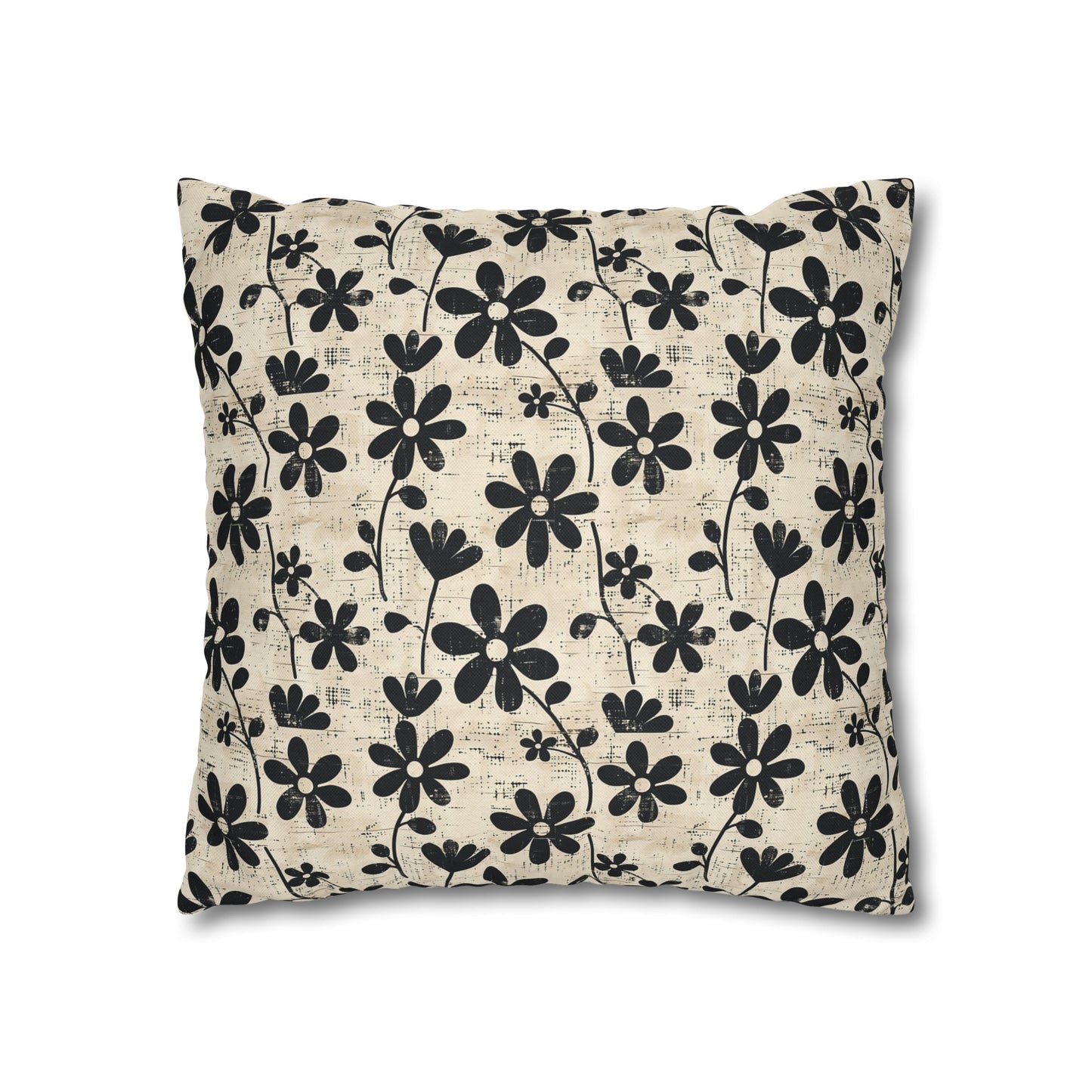 Distressed Black Floral on Beige Background Spun Polyester Square Pillowcase 4 Sizes