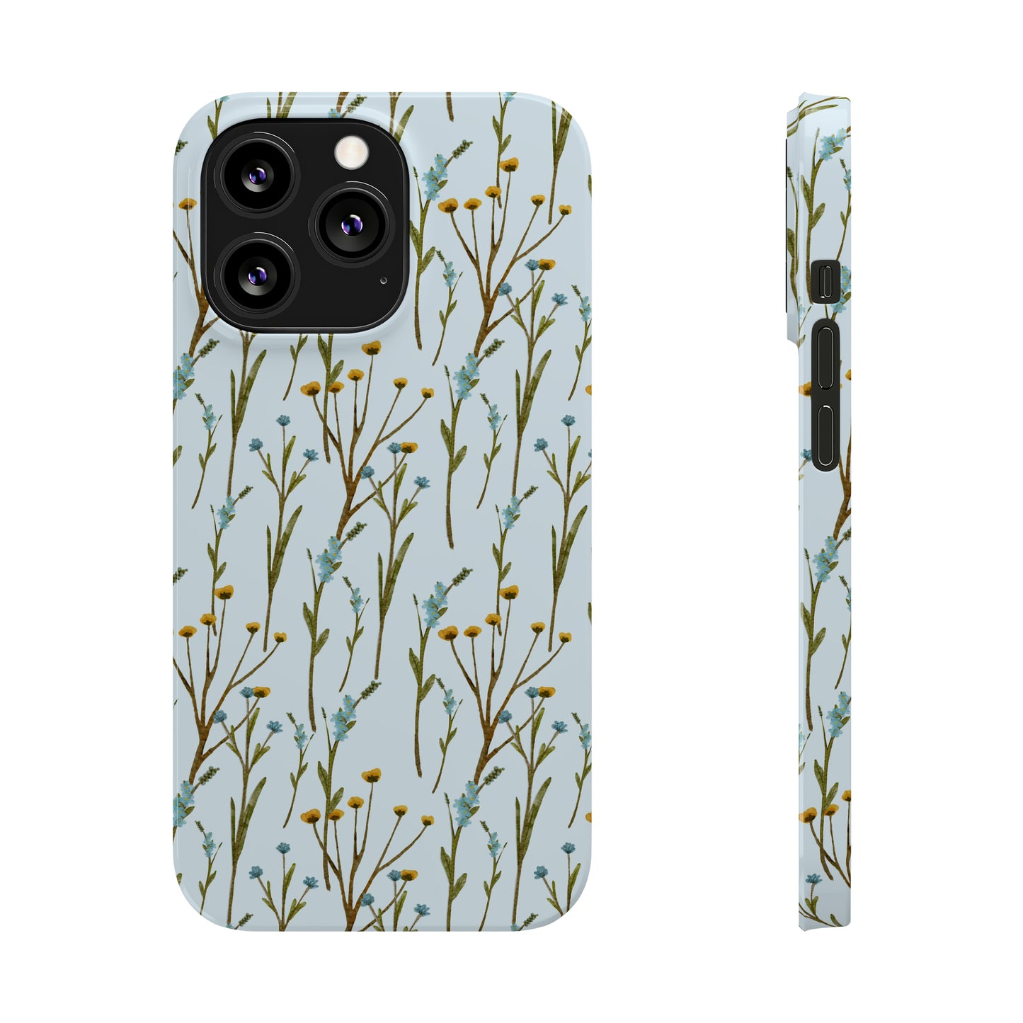 Delicate Blue and Yellow Wildflowers on a Light Blue Background Design Iphone 15-12 Slim Phone Case