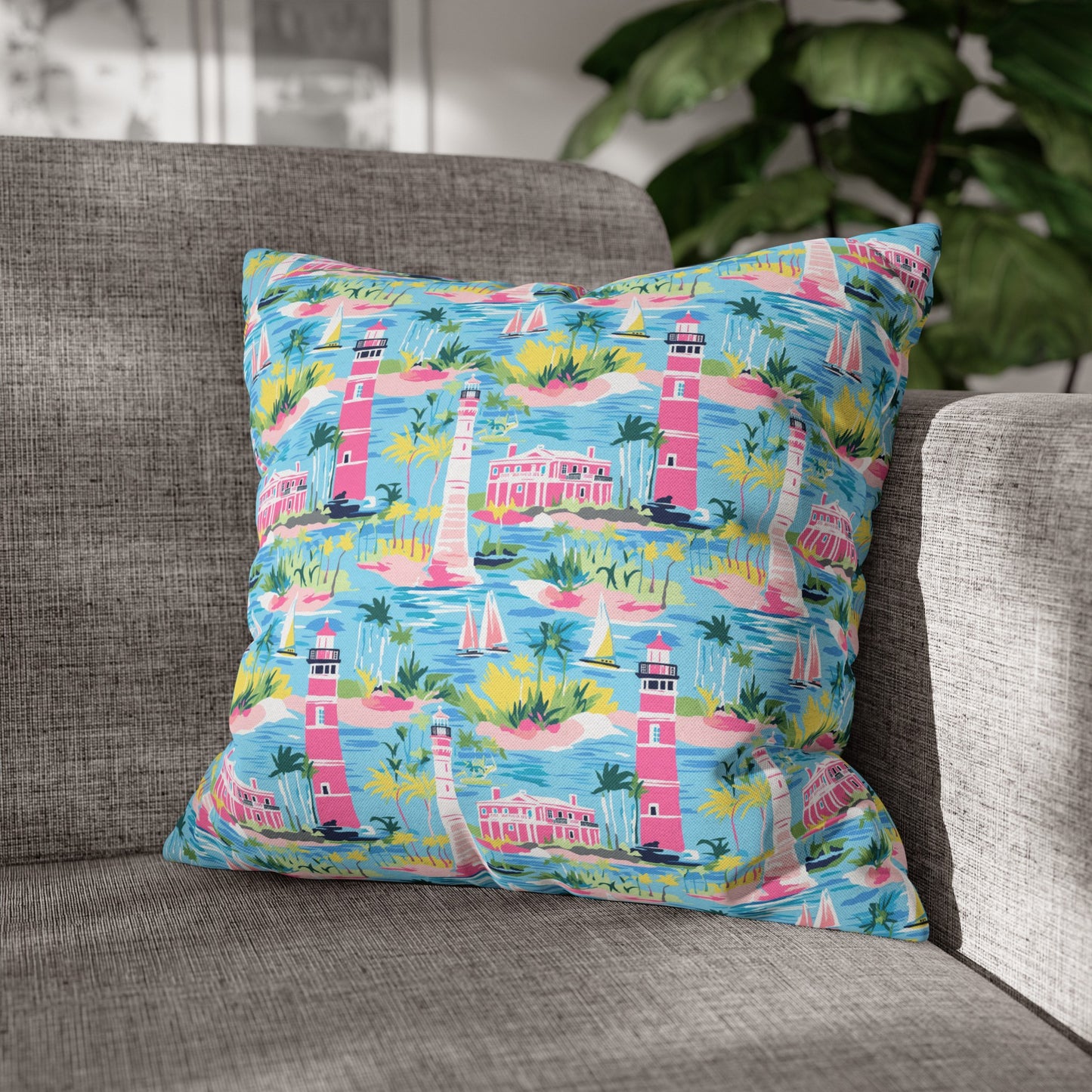 Coastal Charms: Sailboats and Lighthouses Adorning the Coastline Spun Polyester Square Pillowcase 4 Sizes