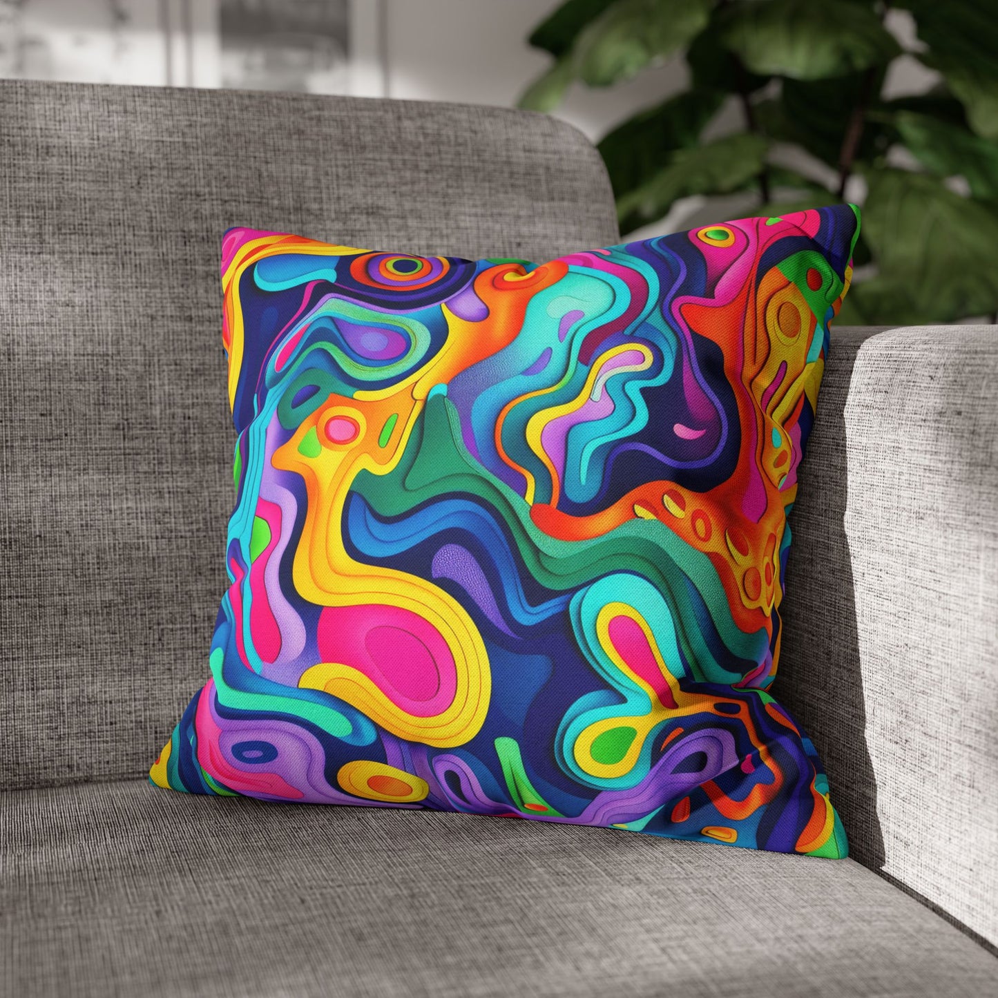 Vibrant Dreamscape of Psychedelic Paper Cut-Out Waves in Vivid Colors Polyester Square Pillowcase 4 Sizes