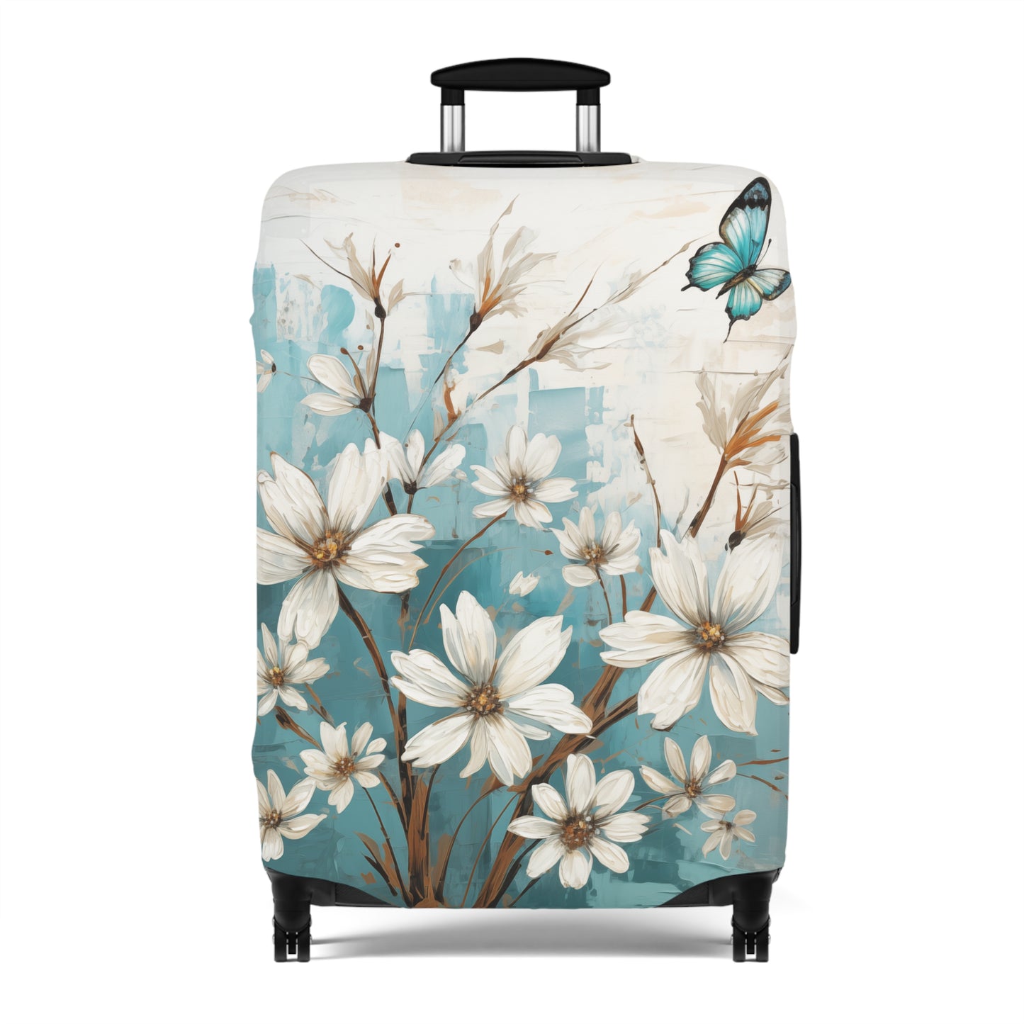 Rustic Farmhouse White and Teal Wild Daisies and Butterflies  - Luggage Protector and Cover 3 Sizes