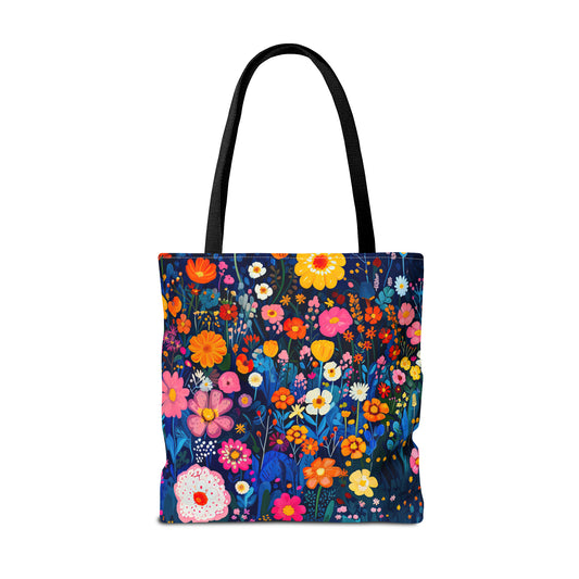 Midnight Bloom: Mystical Nighttime Field Abounding with Colorful Flowers Canvas Tote Bag - 3 Sizes