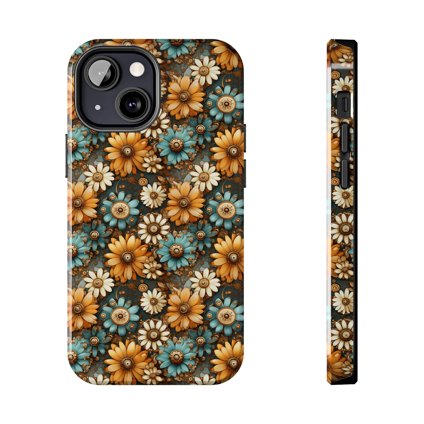 Victorian Steampunk Cream Gold and Teal Flowers with Gears and Mechanical Elements Iphone Tough Phone Case