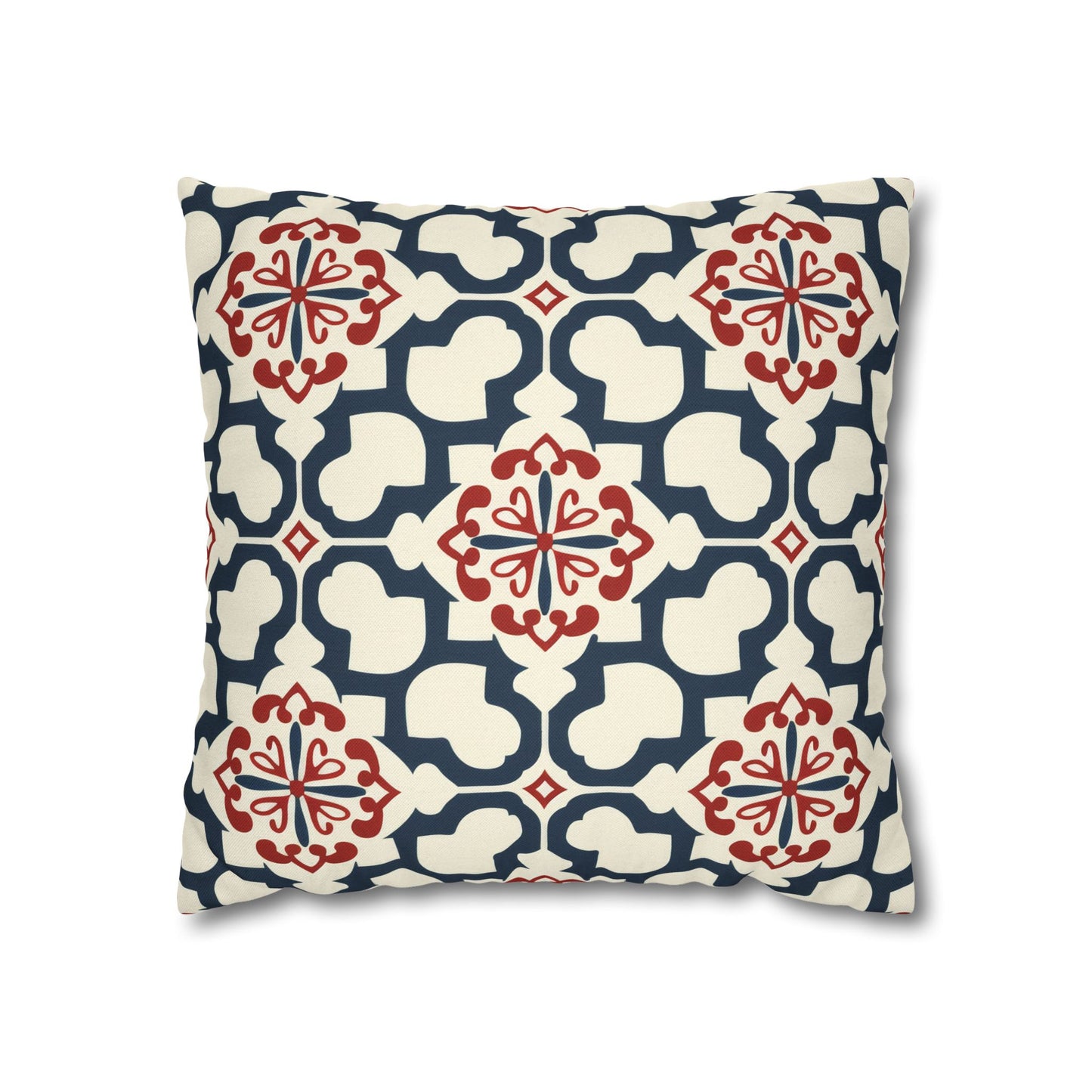 Traditional Korean Elegance in Bold Red and Navy Geometric Tile Pattern Spun Polyester Square Pillowcase 4 Sizes