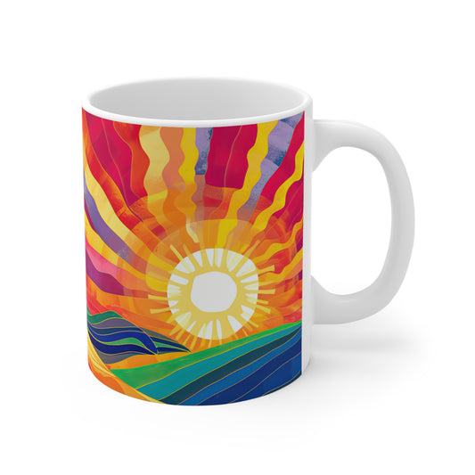 Radiant Awakening: Abstract Bursting Sunrise Illuminating the Hills in Vibrant Colors - 11 oz Coffee