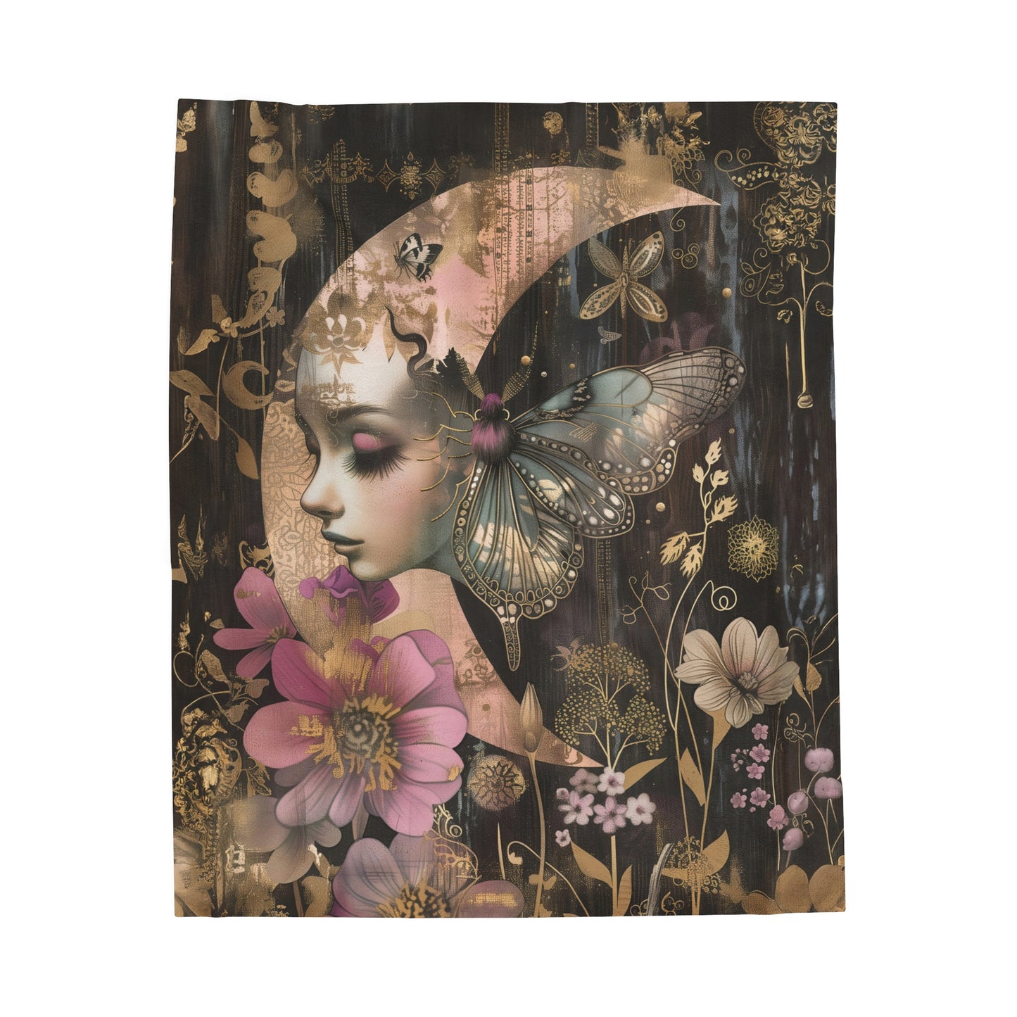 Mystical Lady in the Crescent Moon Celestial Pink Flowers and Butterflies Velveteen Plush Blanket 3 Sizes