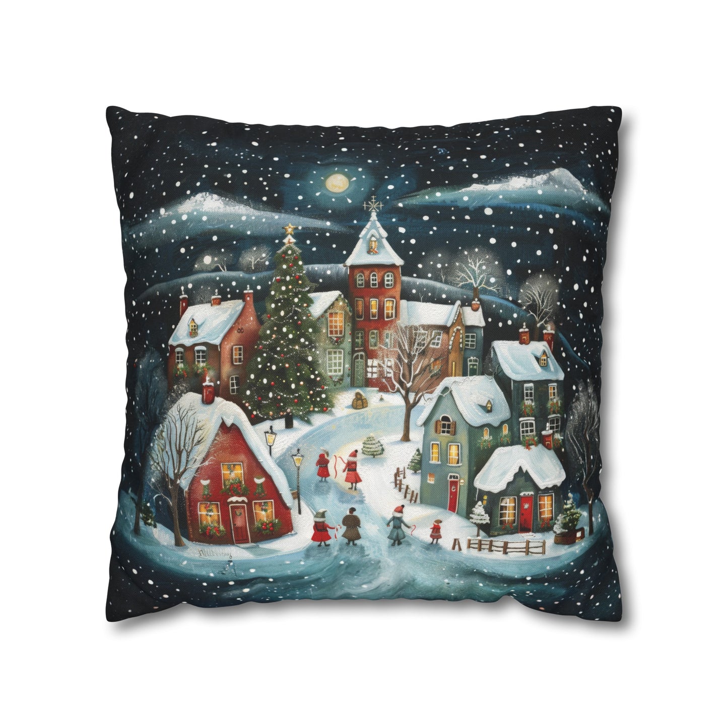 Midnight Magic: Winter Town Aglow with Christmas Decorations and Tree Spun Polyester Square Pillowcase 4 Sizes