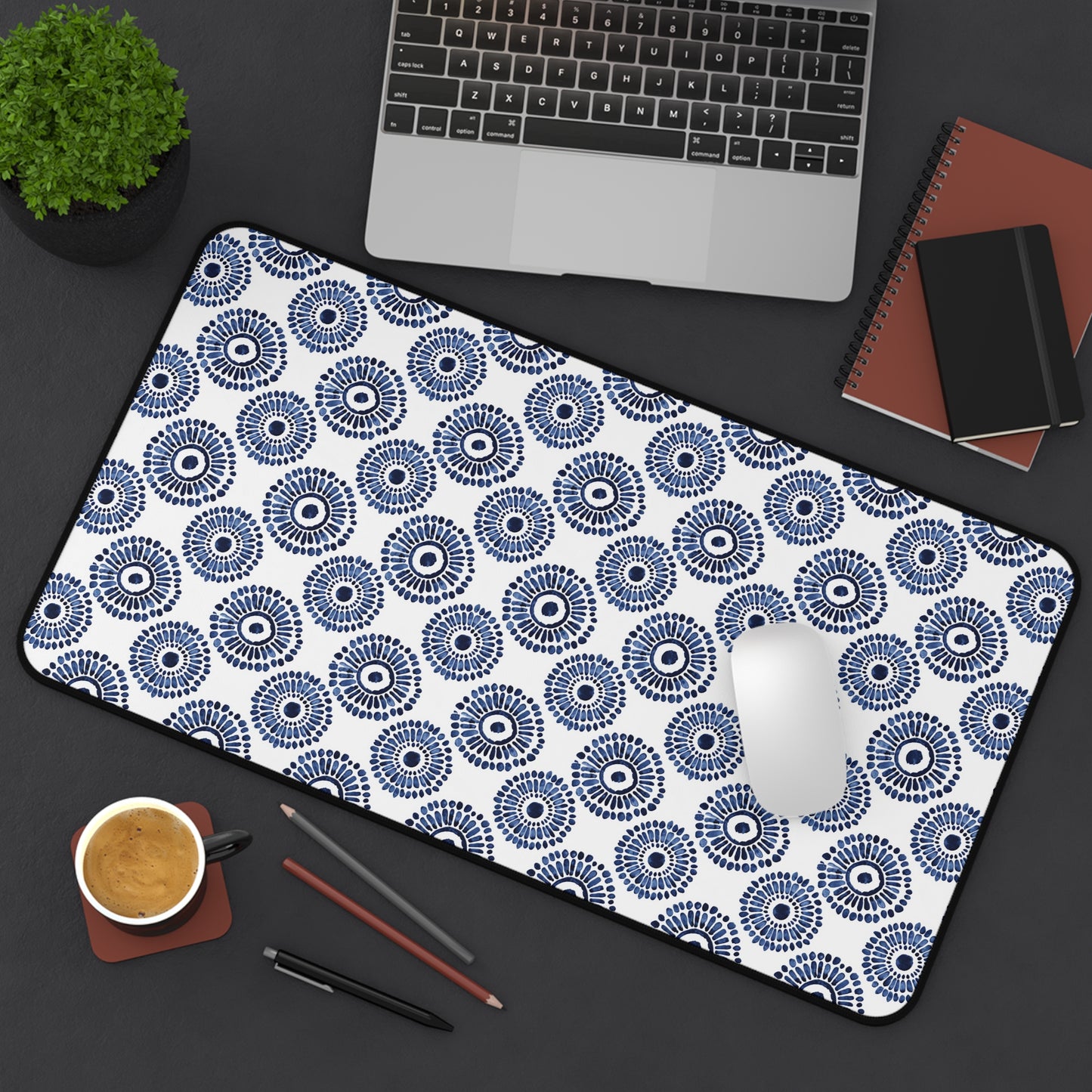 Indigo Sunburst Simple Folk-Inspired Dot Pattern Design Extended Gaming Mouse Pad  Desk Mat  - 3 Sizes