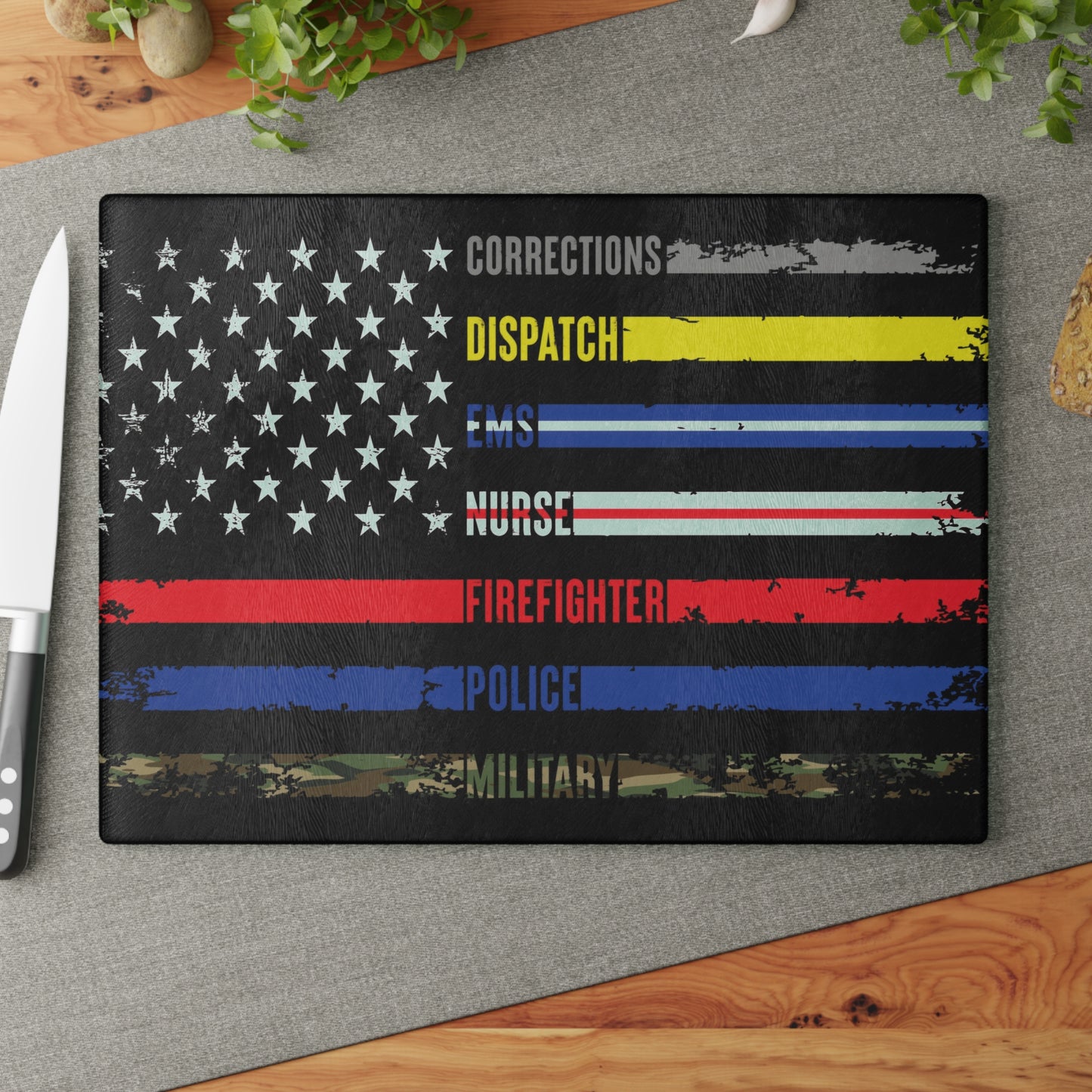 Solidarity Support Military, Police, Firefighter, Nurse, EMS, Dispatch Corrections American Flag Cutting Board 2 Sizes