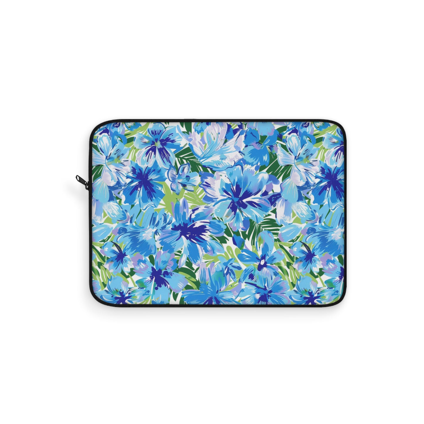Azure Bloom Oasis: Bright Blue Large Flowers with Lush Green Palm Leaves Laptop or Ipad Protective Sleeve Three Sizes Available