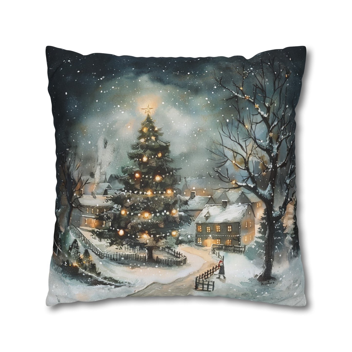 Winter Wonderland Glow: Christmas Tree Illuminating a Snowy Village Spun Polyester Square Pillowcase 4 Sizes