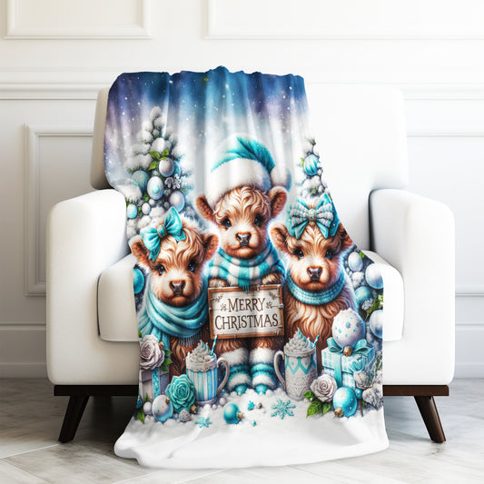 Baby Highland Cows Teal Merry Christmas Velveteen Plush Blanket 3 Sizes