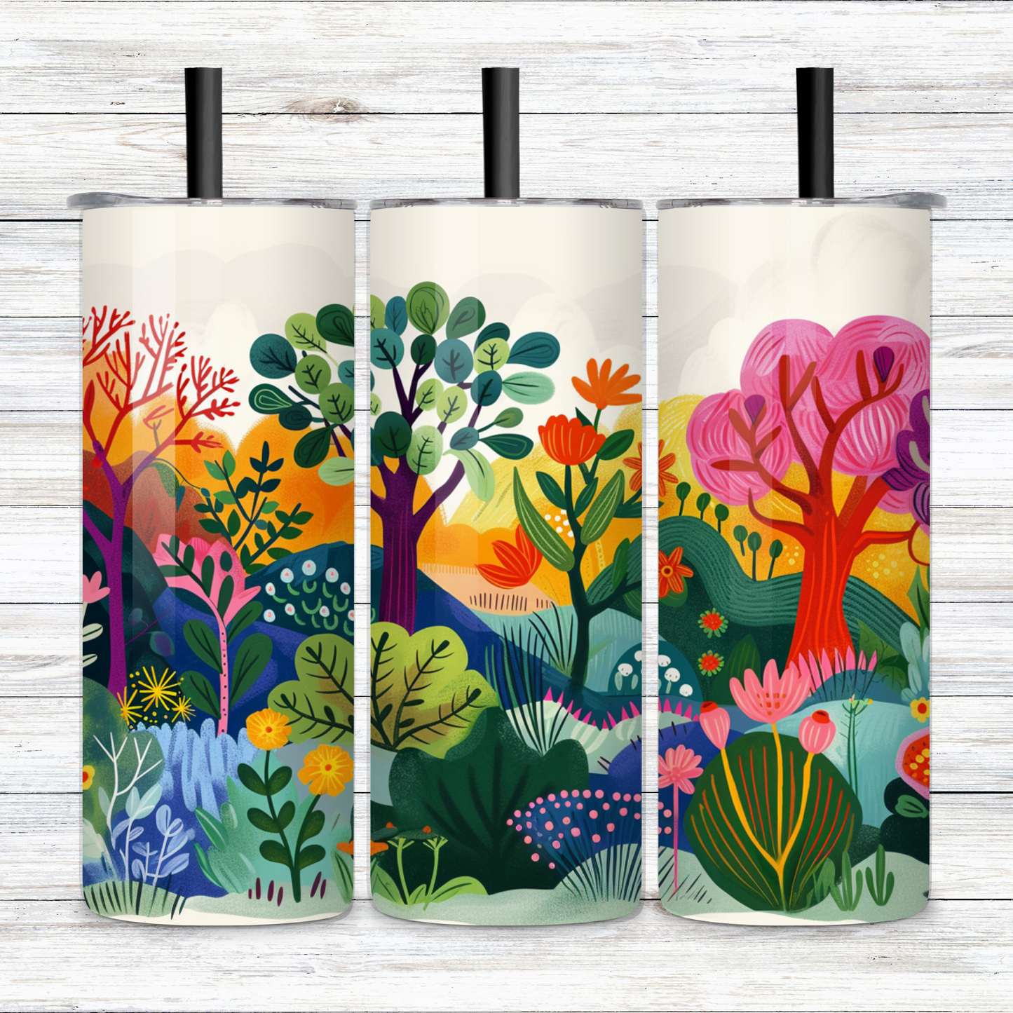 Springtime Abstract Field of Trees and Flowers in the Artistic Style of Josef Frank Skinny Tumbler with Straw, 20oz