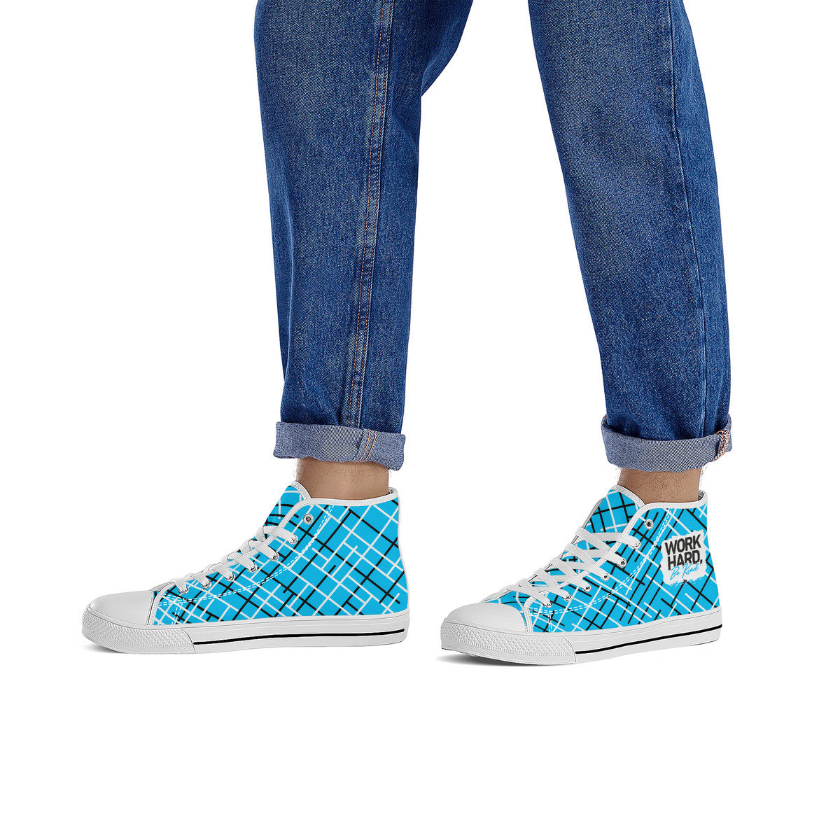 Work Hard Be Kind - Blue w/Lines Converse Style High Tops