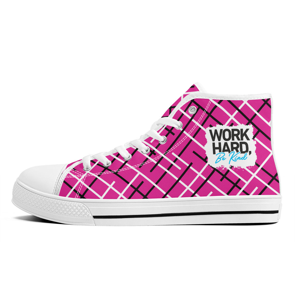 Work Hard Be Kind - Pink w/ Lines Converse Style High Tops