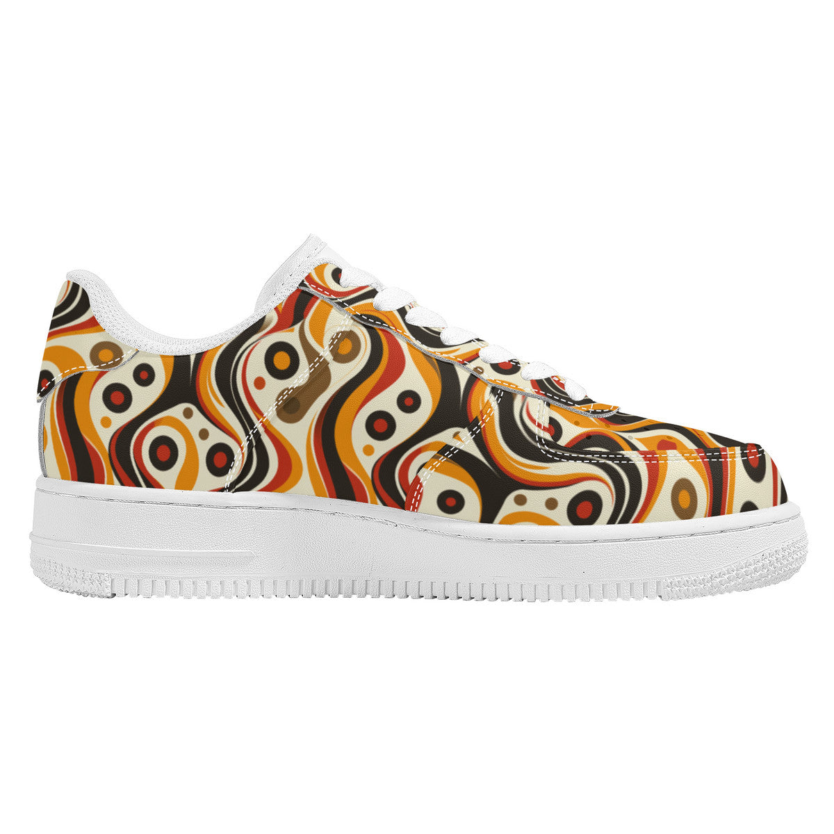 Retro Funky Chic Groove Vibrant Orange, Red, and Brown Swirls with Geometric Dots Unisex Air Force Sneakers