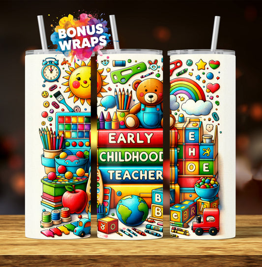 Early Childhood Teacher 20 oz Skinny Tumbler Wrap,  PreSchool Teacher Seamless Sublimation Design Digital Instant Download PNG, Tumbler Wrap