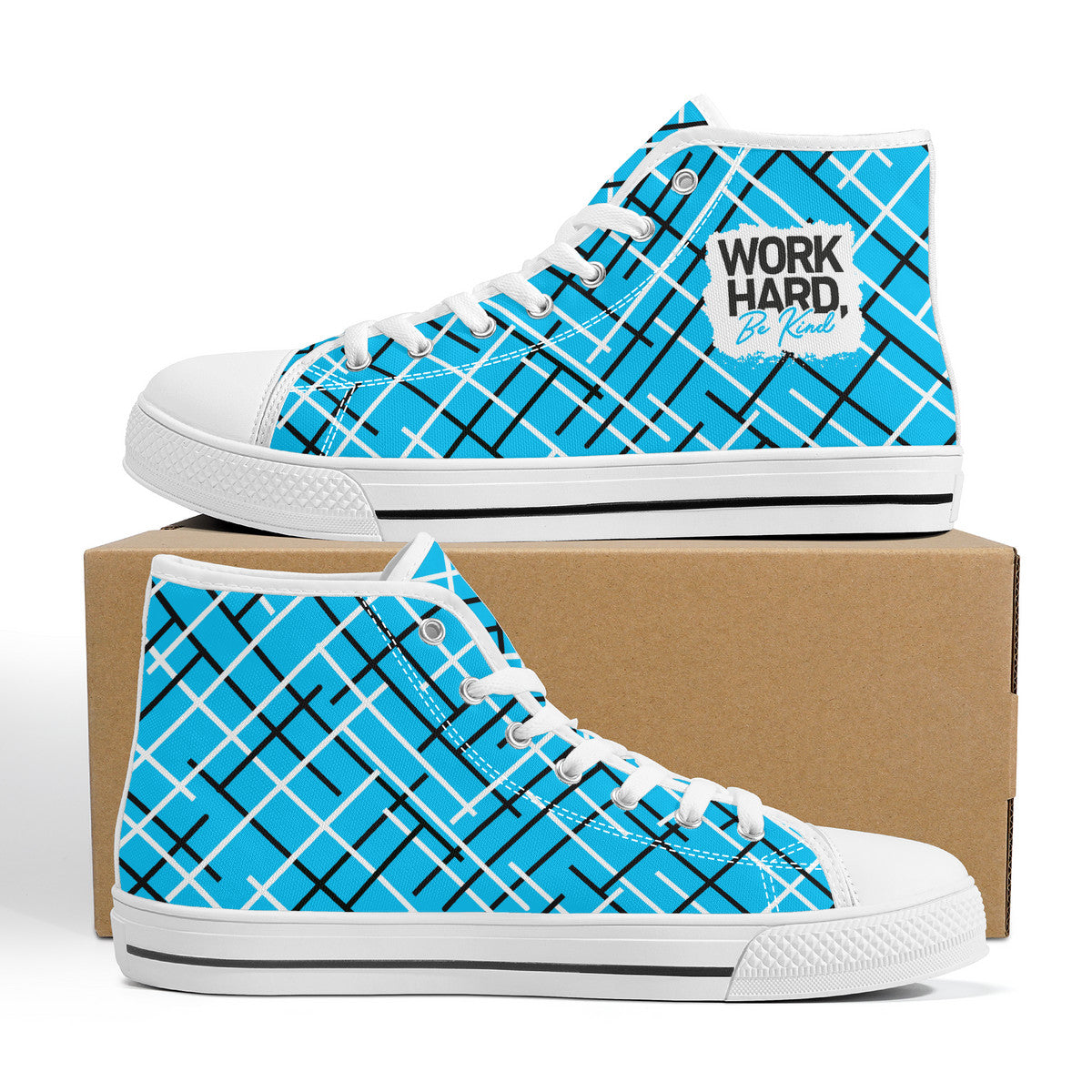 Work Hard Be Kind - Blue w/Lines Converse Style High Tops