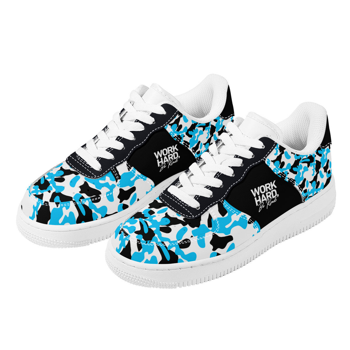 Blue and Black Camouflage with Work Hard Be Kind Unisex Air Force Sneakers